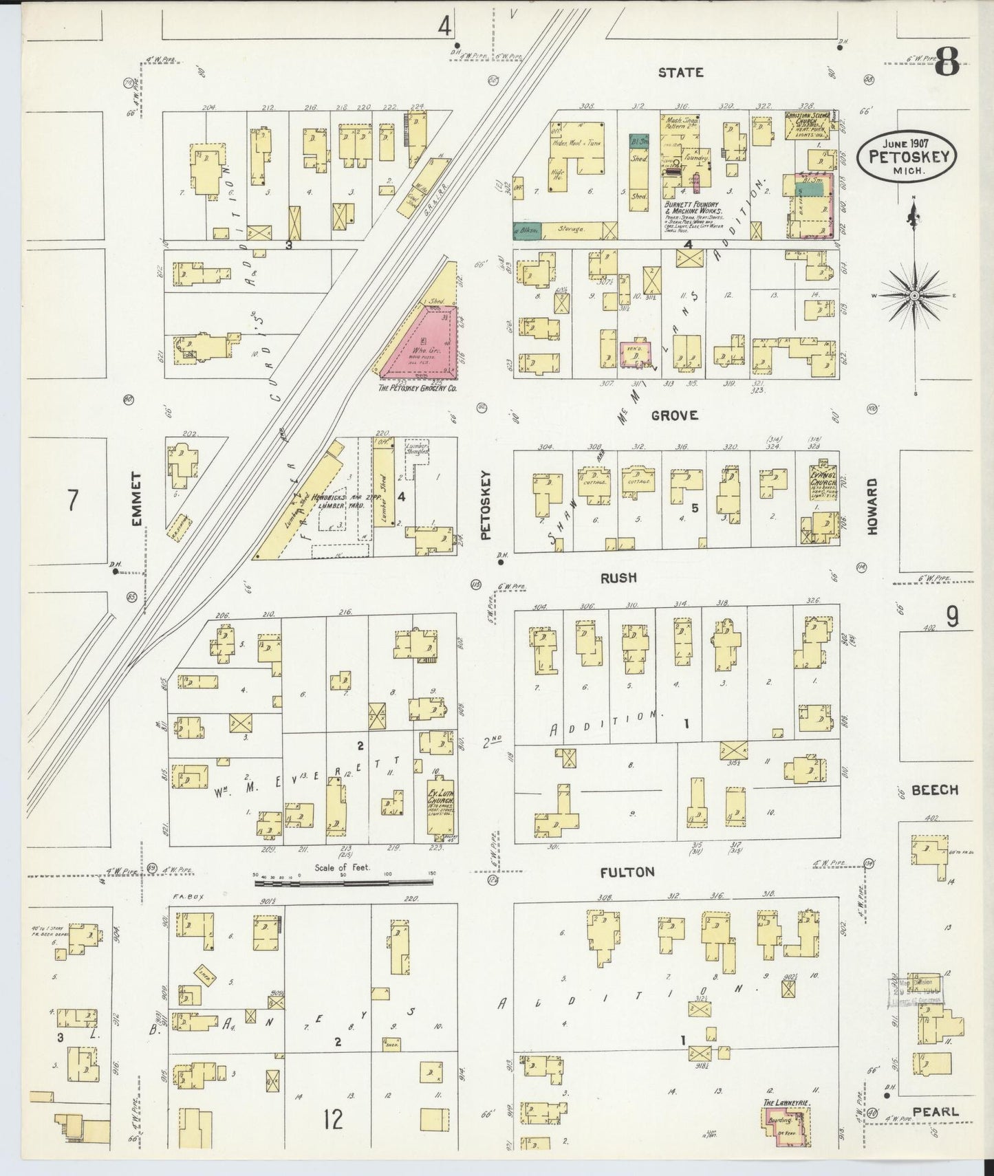 Sanborn Fire Insurance Map from Petoskey, Emmet County, Michigan (1907), Sheet #0008 - Historic Sanborn Fire Insurance Map Print, vintage old map wall art, antique decor, genealogy gift, Michigan Michigan map