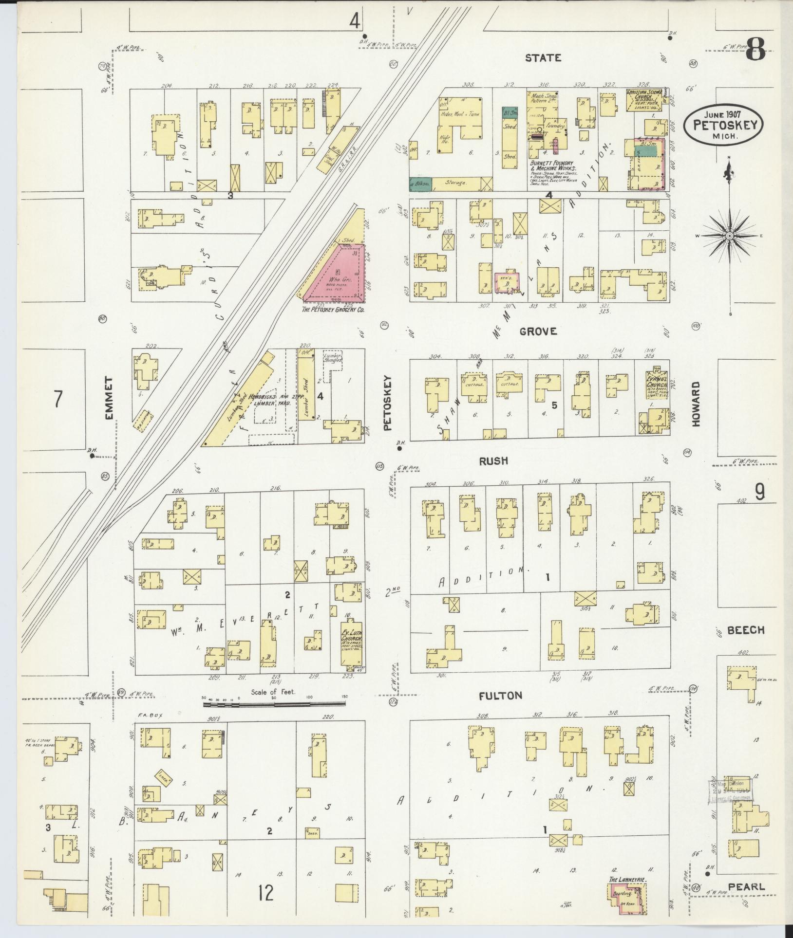 Sanborn Fire Insurance Map from Petoskey, Emmet County, Michigan (1907), Sheet #0008 - Historic Sanborn Fire Insurance Map Print, vintage old map wall art, antique decor, genealogy gift, Michigan Michigan map