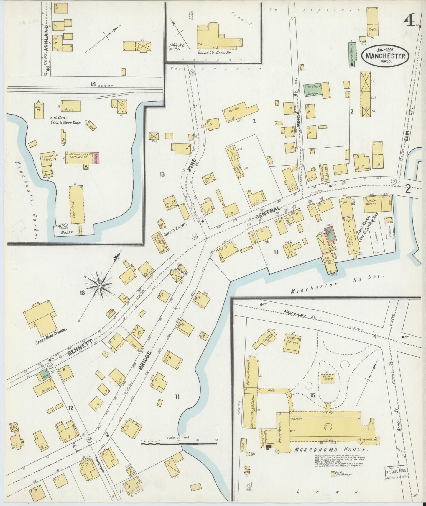 Sanborn Fire Insurance Map from Manchester, Essex County, Massachusetts (1899), Sheet #0004 - Historic Sanborn Fire Insurance Map Print, vintage old map wall art, antique decor, genealogy gift, Massachusetts Massachusetts map