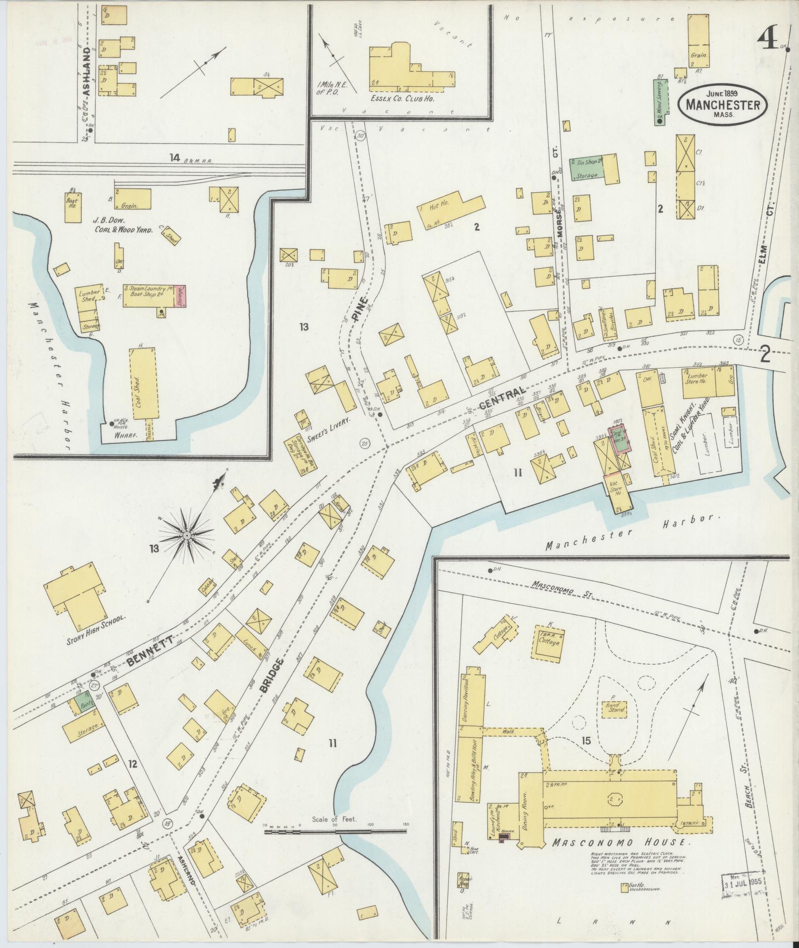 Sanborn Fire Insurance Map from Manchester, Essex County, Massachusetts (1899), Sheet #0004 - Historic Sanborn Fire Insurance Map Print, vintage old map wall art, antique decor, genealogy gift, Massachusetts Massachusetts map