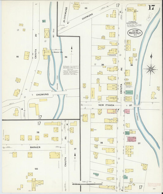 Sanborn Fire Insurance Map from Waverly, Tioga County, New York (1908), Sheet #0017 - Historic Sanborn Fire Insurance Map Print, vintage old map wall art, antique decor, genealogy gift, New York New York map