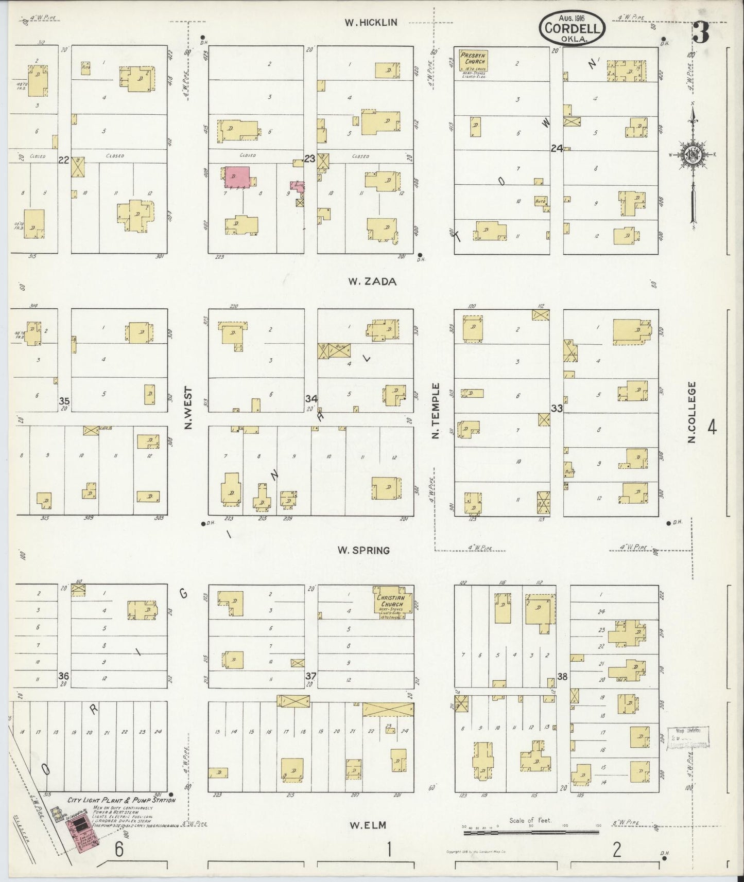 Sanborn Fire Insurance Map from Cordell, Washita County, Oklahoma (1916), Sheet #0003 - Complete Map Set gallery image, historic Sanborn map, vintage wall art, Oklahoma Oklahoma