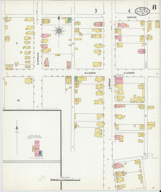 Sanborn Fire Insurance Map from Lititz, Lancaster County, Pennsylvania (1904), Sheet #0008 - Historic Sanborn Fire Insurance Map Print, vintage old map wall art, antique decor, genealogy gift, Pennsylvania Pennsylvania map