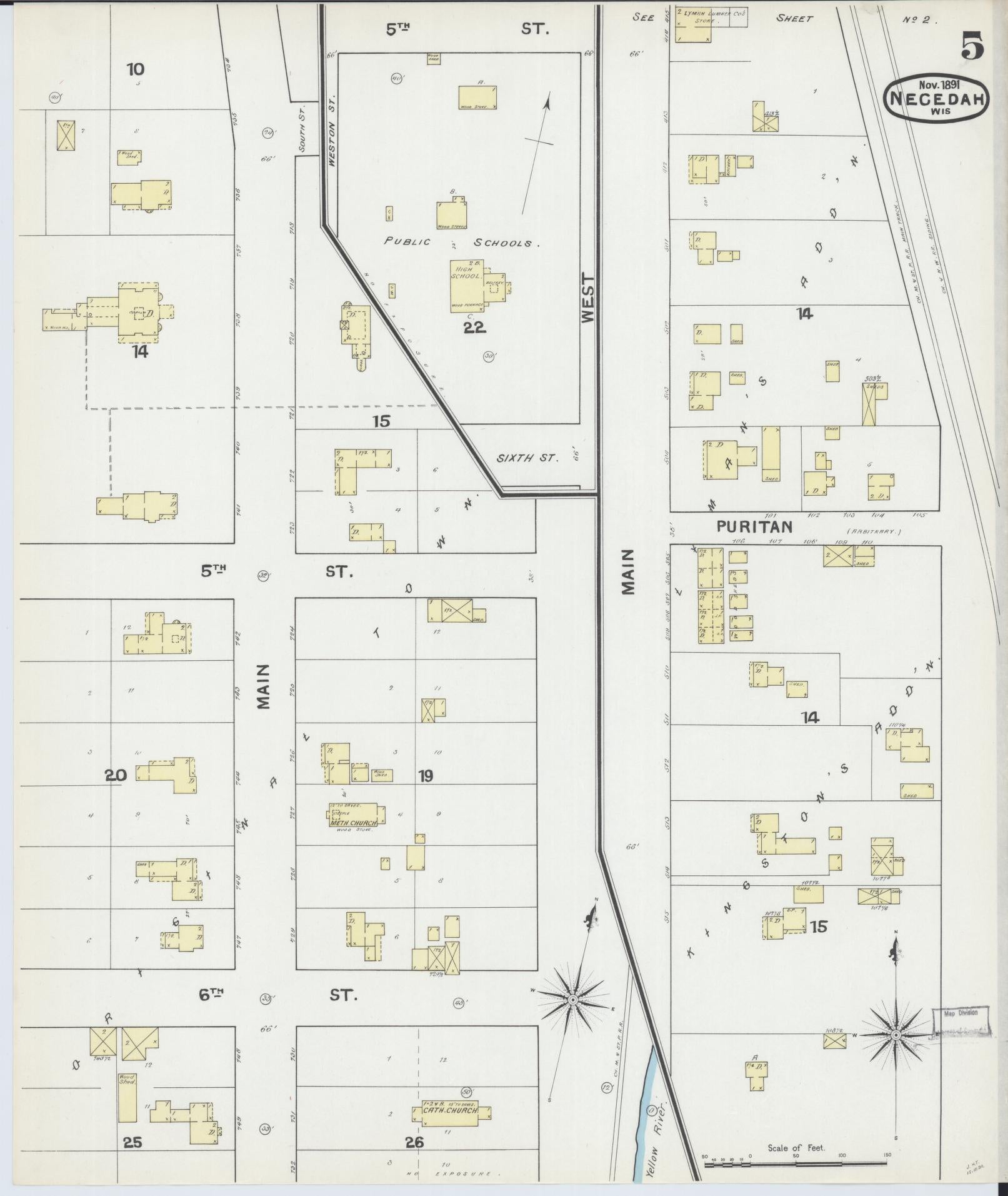 Sanborn Fire Insurance Map from Necedah, Juneau County, Wisconsin (1891), Sheet #0005 - Complete Map Set gallery image, historic Sanborn map, vintage wall art, Wisconsin Wisconsin