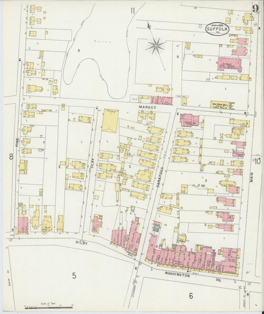 Sanborn Fire Insurance Map from Suffolk, Independent Cities, Virginia (1898), Sheet #0009 - Historic Sanborn Fire Insurance Map Print, vintage old map wall art, antique decor, genealogy gift, Virginia Virginia map