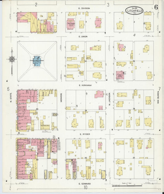 Sanborn Fire Insurance Map from Litchfield, Montgomery County, Illinois (1910), Sheet #0006 - Historic Sanborn Fire Insurance Map Print, vintage old map wall art, antique decor, genealogy gift, Illinois Illinois map