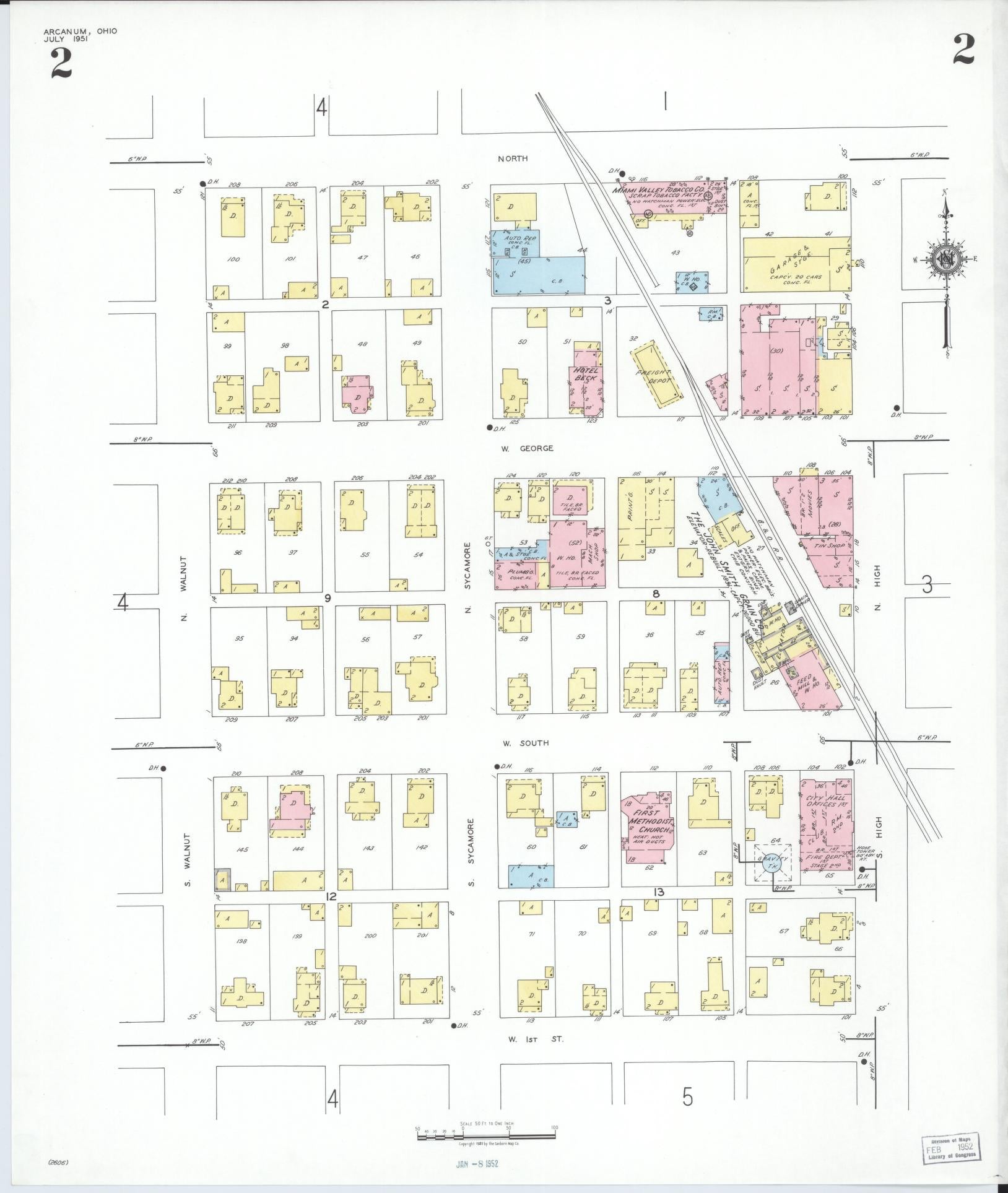 Sanborn Fire Insurance Map from Arcanum, Darke County, Ohio (1951), Sheet #0002 - Complete Map Set gallery image, historic Sanborn map, vintage wall art, Ohio Ohio