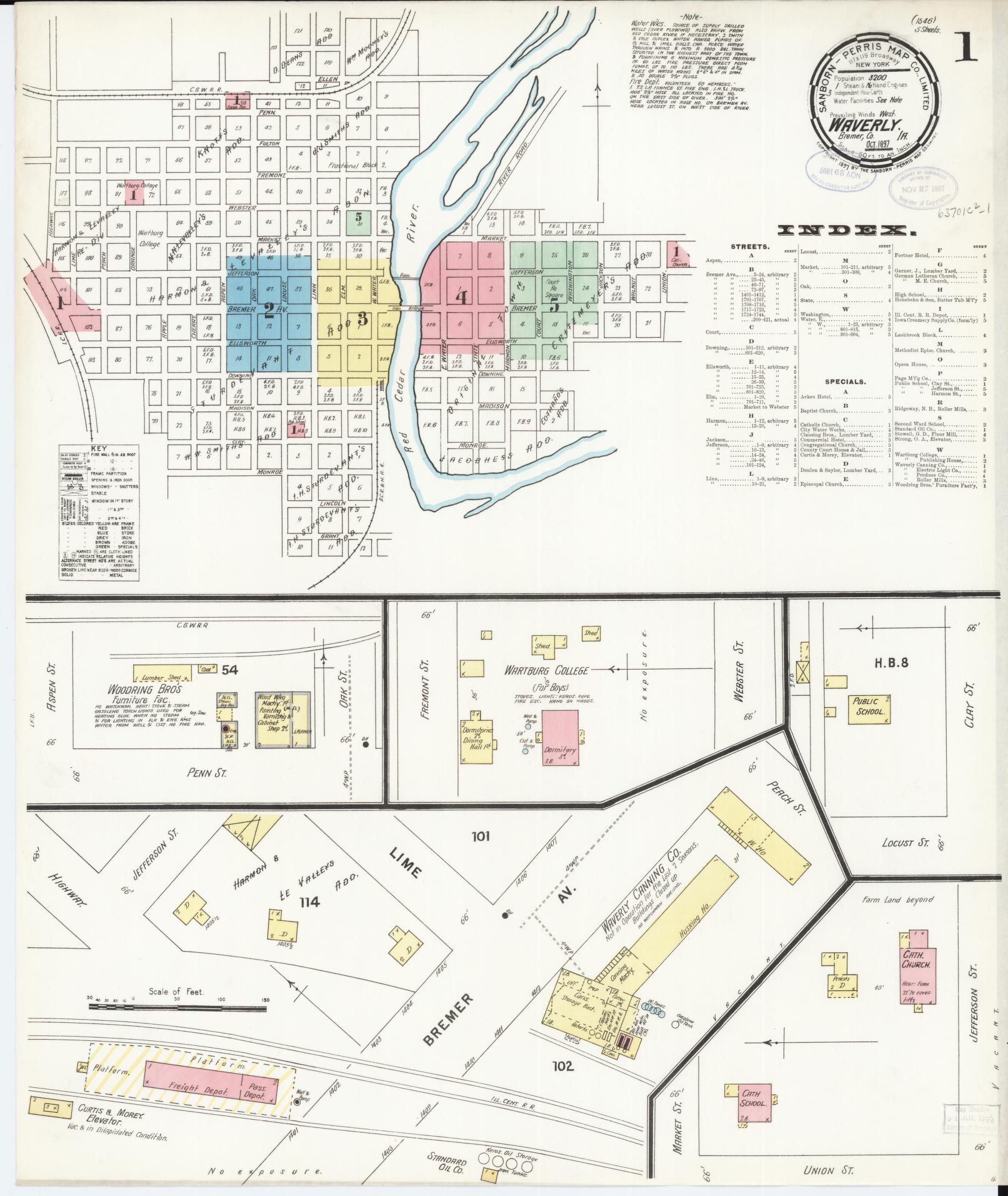 Sanborn Fire Insurance Map from Waverly, Bremer County, Iowa (1897), Sheet #0001 - Historic Sanborn Fire Insurance Map Print