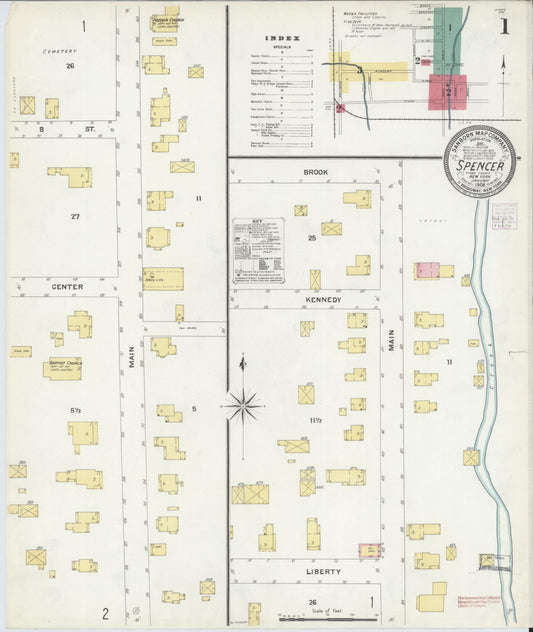 Sanborn Fire Insurance Map from Spencer, Tioga County, New York (1908), Sheet #0001 - Historic Sanborn Fire Insurance Map Print, vintage old map wall art, antique decor, genealogy gift, New York New York map
