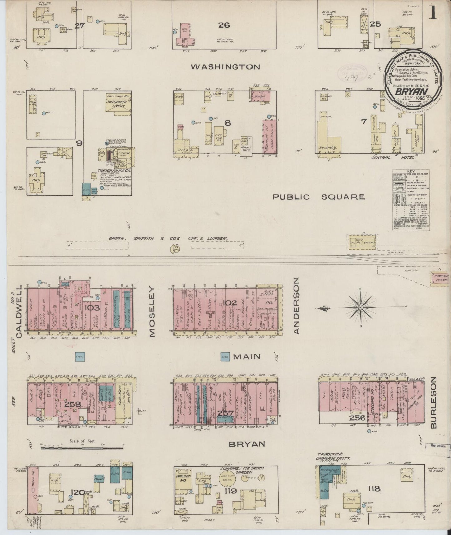 Sanborn Fire Insurance Map from Bryan, Brazos County, Texas (1885), Sheet #0001 - Historic Sanborn Fire Insurance Map Print, vintage old map wall art, antique decor, genealogy gift, Texas Texas map