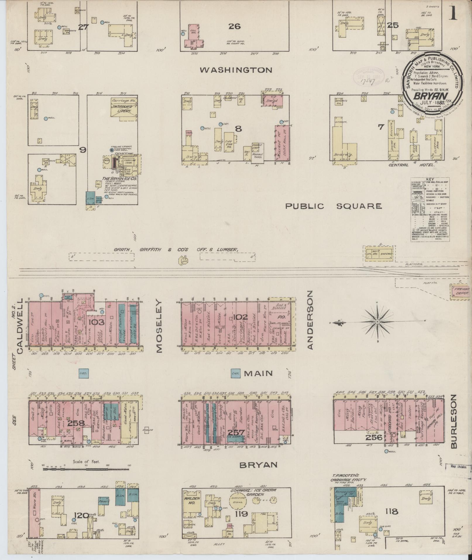Sanborn Fire Insurance Map from Bryan, Brazos County, Texas (1885), Sheet #0001 - Historic Sanborn Fire Insurance Map Print, vintage old map wall art, antique decor, genealogy gift, Texas Texas map