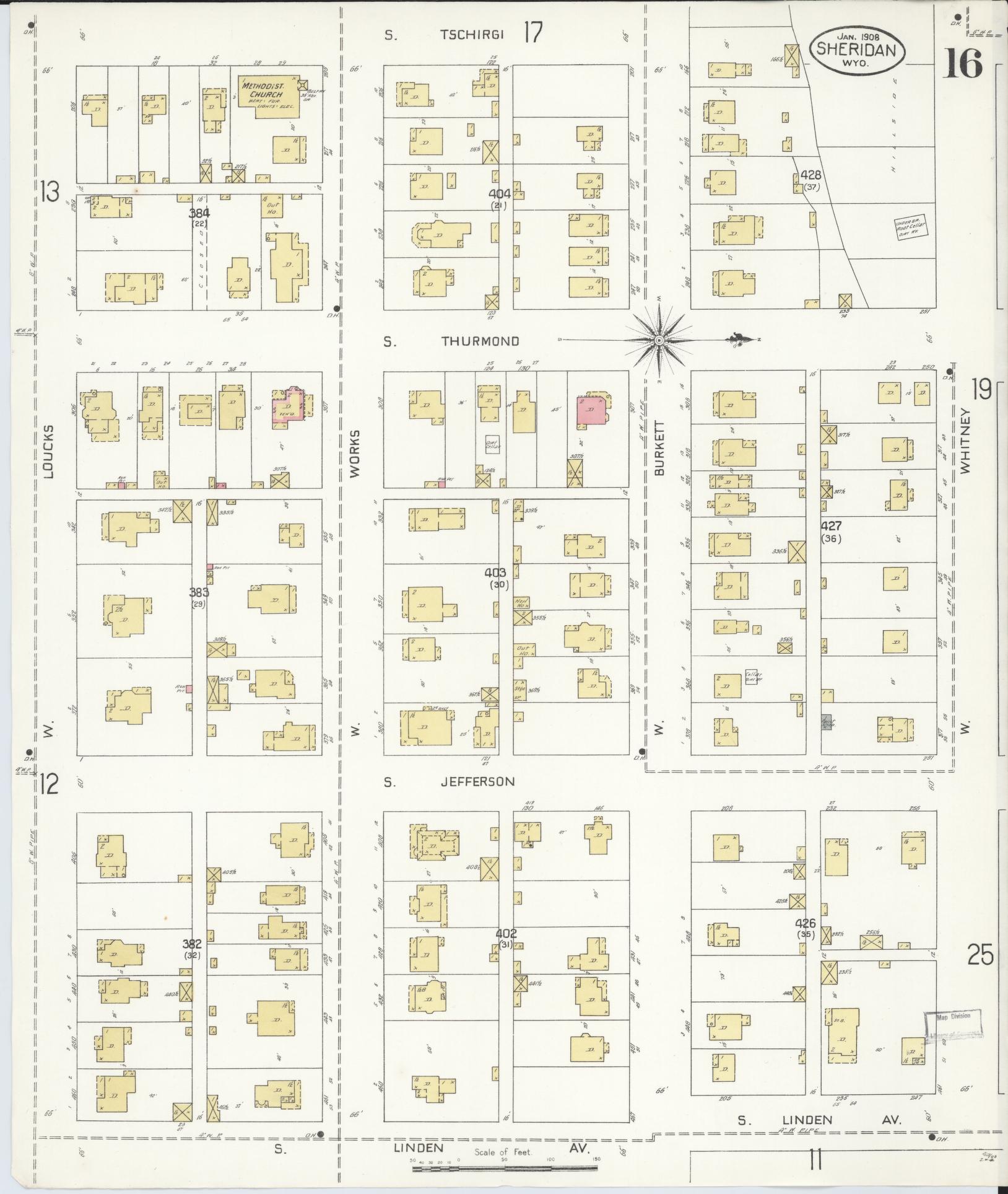 Sanborn Fire Insurance Map from Sheridan, Sheridan County, Wyoming (1908), Sheet #0016 - Complete Map Set gallery image, historic Sanborn map, vintage wall art, Wyoming Wyoming