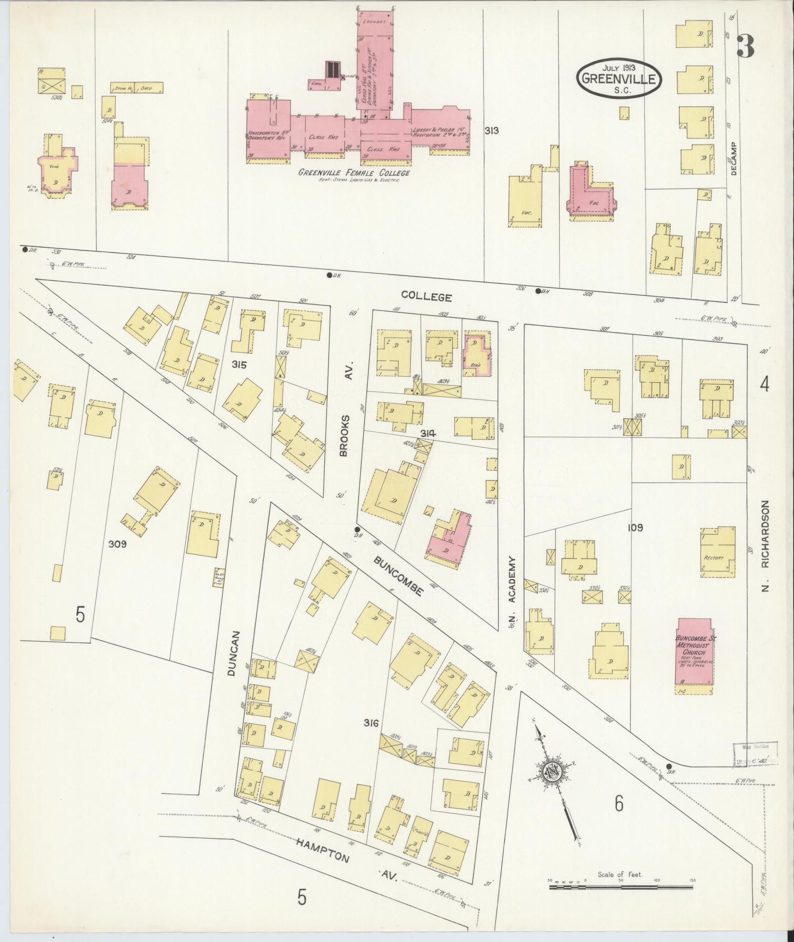 Sanborn Fire Insurance Map from Greenville, Greenville County, South Carolina (1913), Sheet #0003 - Complete Map Set gallery image, historic Sanborn map, vintage wall art, South Carolina South Carolina