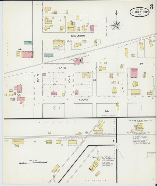 Sanborn Fire Insurance Map from Charleston, Mississippi County, Missouri (1893), Sheet #0003 - Historic Sanborn Fire Insurance Map Print, vintage old map wall art, antique decor, genealogy gift, Missouri Missouri map