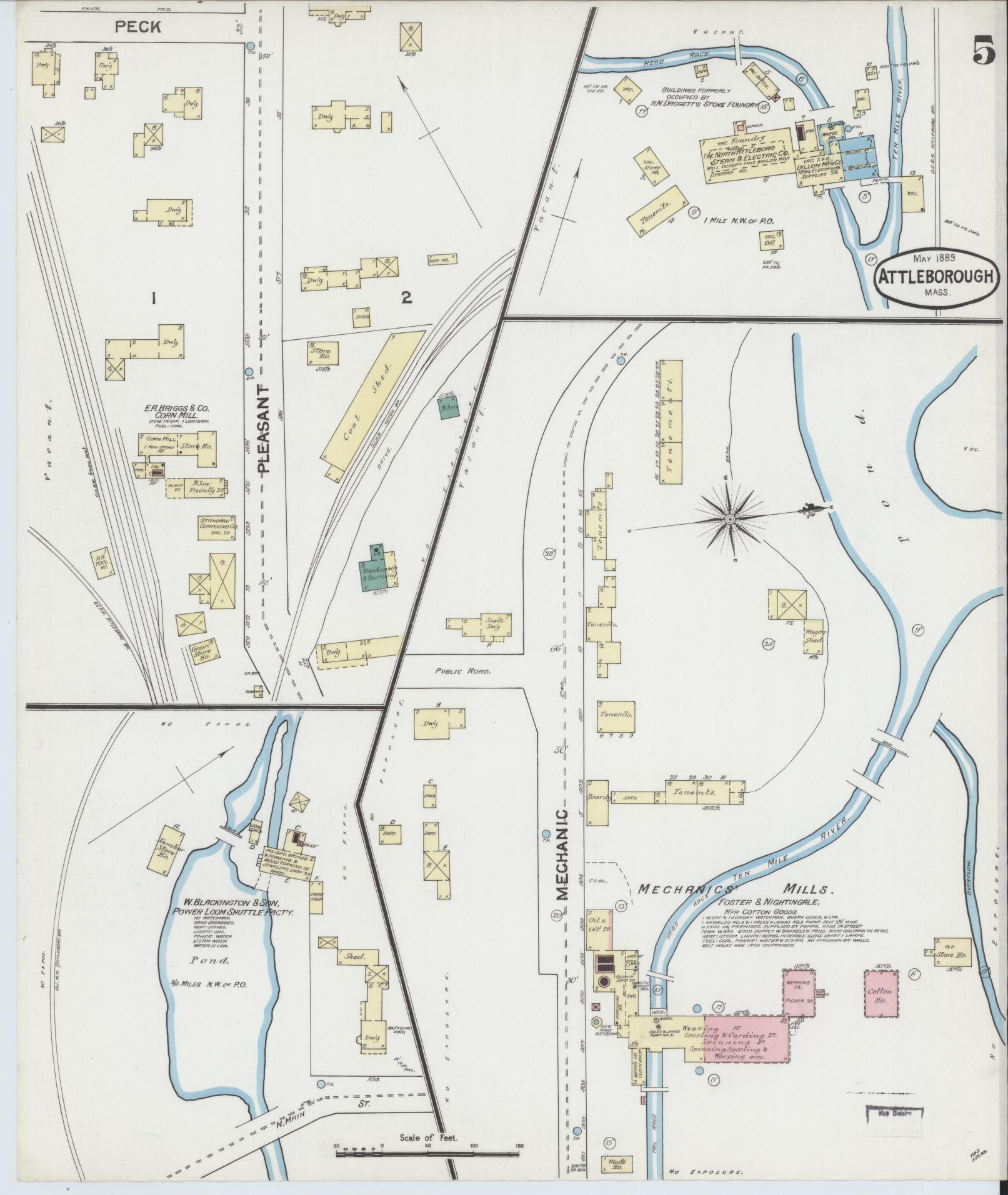 Sanborn Fire Insurance Map from Attleboro, Bristol County, Massachusetts (1889), Sheet #0005 - Complete Map Set gallery image, historic Sanborn map, vintage wall art, Massachusetts Massachusetts