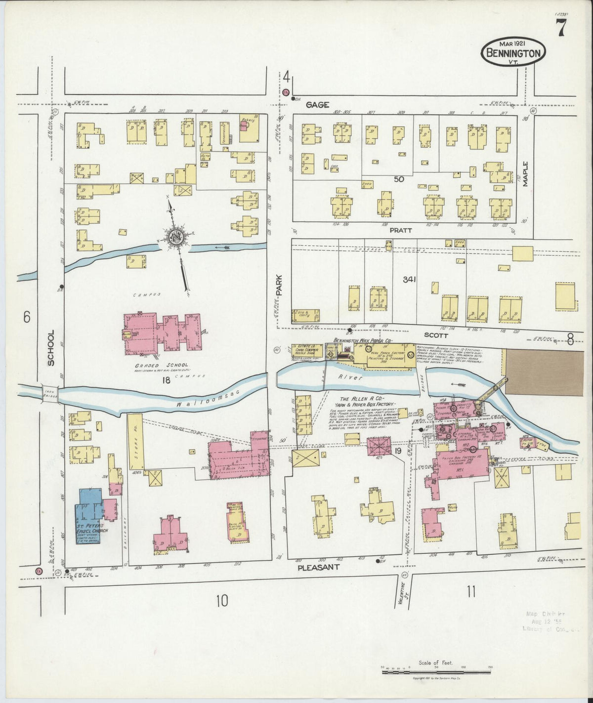 Sanborn Fire Insurance Map from Bennington, Bennington County, Vermont (1921), Sheet #0007 - Complete Map Set gallery image, historic Sanborn map, vintage wall art, Vermont Vermont