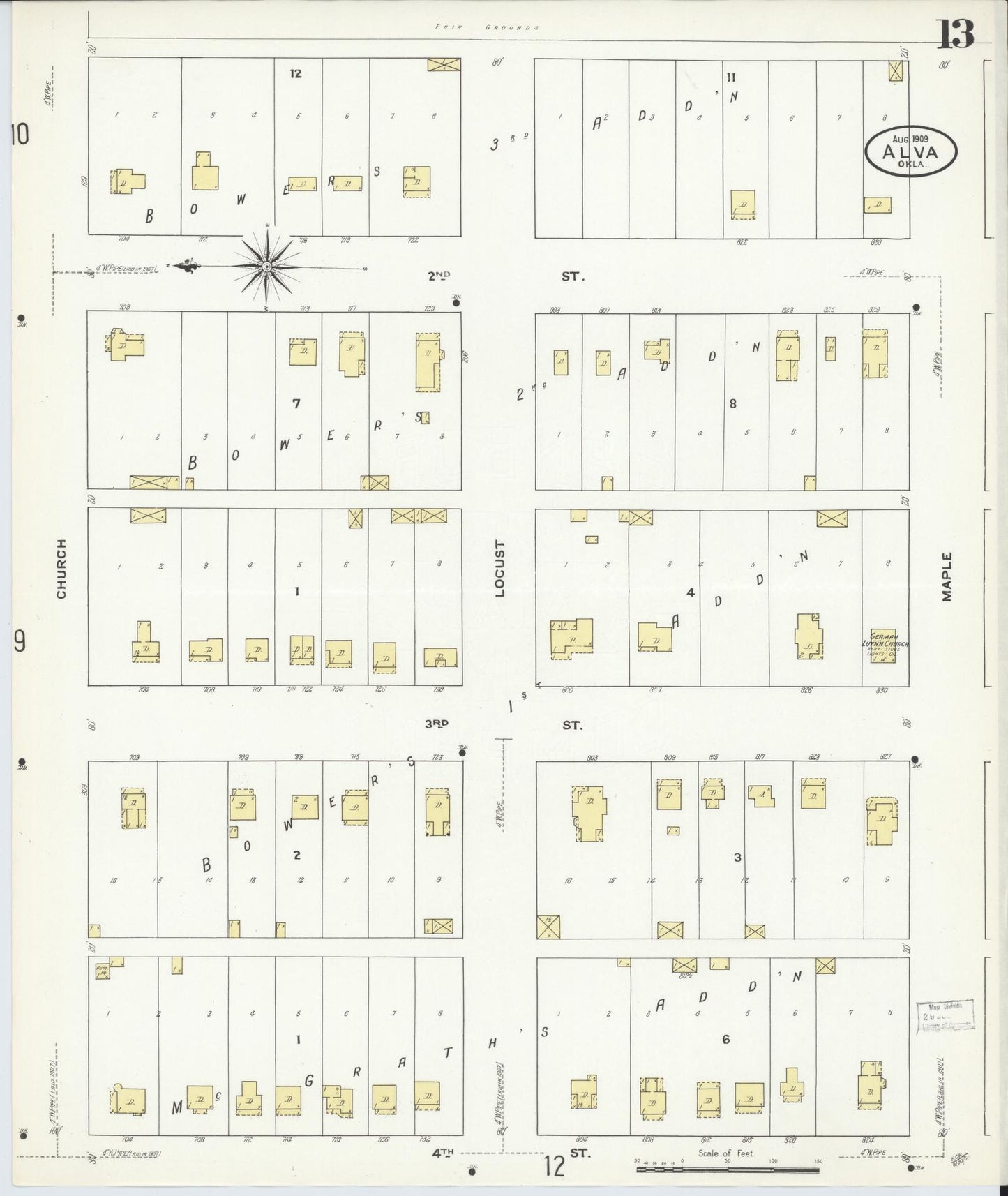 Sanborn Fire Insurance Map from Alva, Woods County, Oklahoma (1909), Sheet #0013 - Complete Map Set gallery image, historic Sanborn map, vintage wall art, Oklahoma Oklahoma