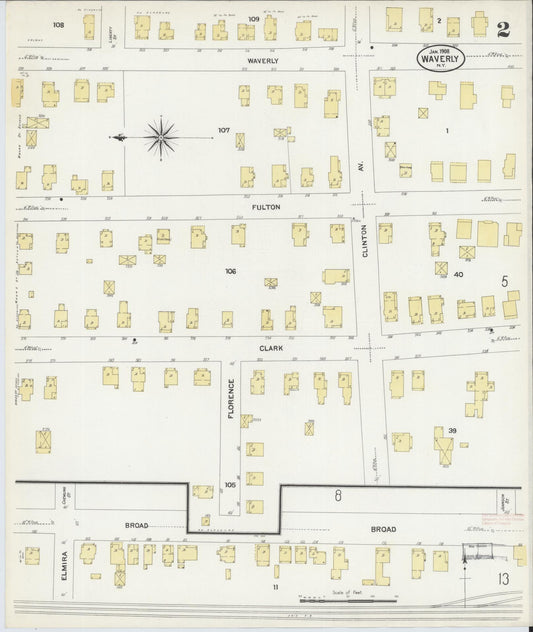 Sanborn Fire Insurance Map from Waverly, Tioga County, New York (1908), Sheet #0002 - Historic Sanborn Fire Insurance Map Print, vintage old map wall art, antique decor, genealogy gift, New York New York map