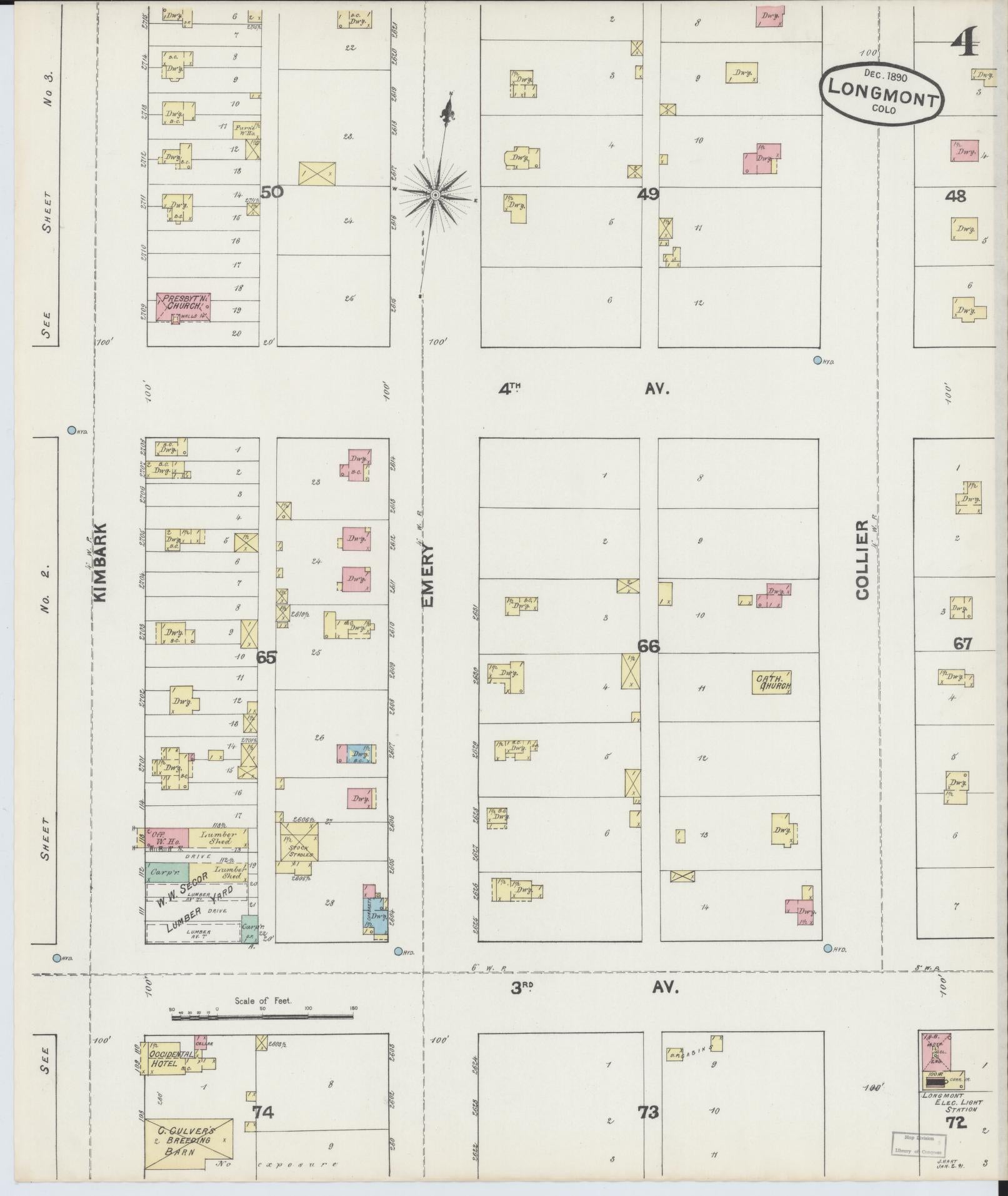 Sanborn Fire Insurance Map from Longmont, Boulder County, Colorado (1890), Sheet #0004 - Historic Sanborn Fire Insurance Map Print, vintage old map wall art, antique decor, genealogy gift, Colorado Colorado map