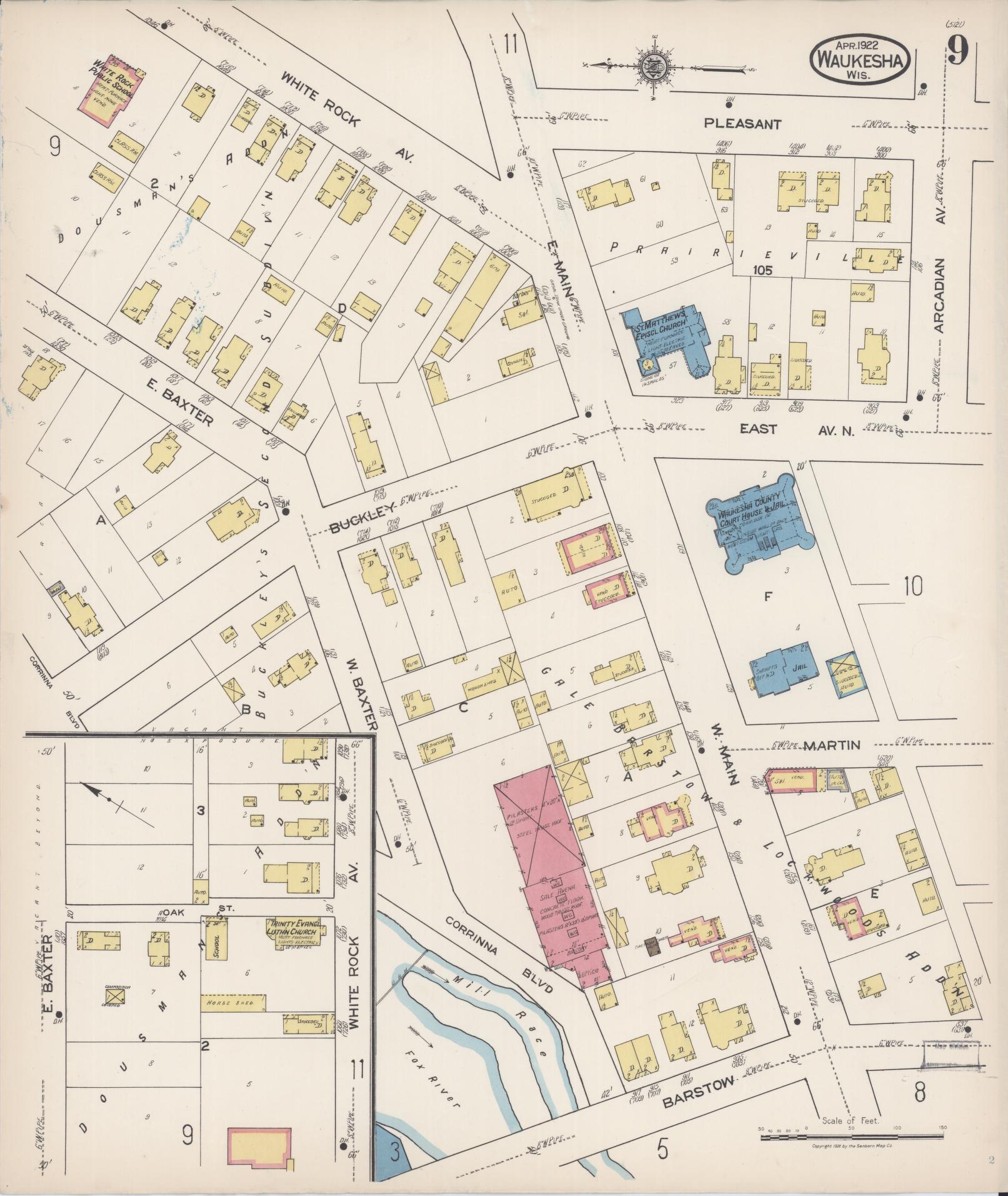 Sanborn Fire Insurance Map from Waukesha, Waukesha County, Wisconsin (1922), Sheet #0009 - Historic Sanborn Fire Insurance Map Print, vintage old map wall art, antique decor, genealogy gift, Wisconsin Wisconsin map