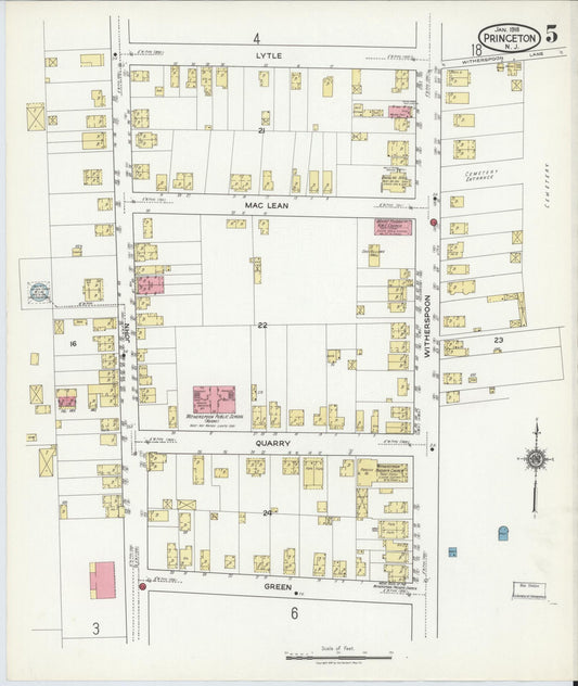 Sanborn Fire Insurance Map from Princeton, Mercer County, New Jersey (1918), Sheet #0005 - Historic Sanborn Fire Insurance Map Print, vintage old map wall art, antique decor, genealogy gift, New Jersey New Jersey map