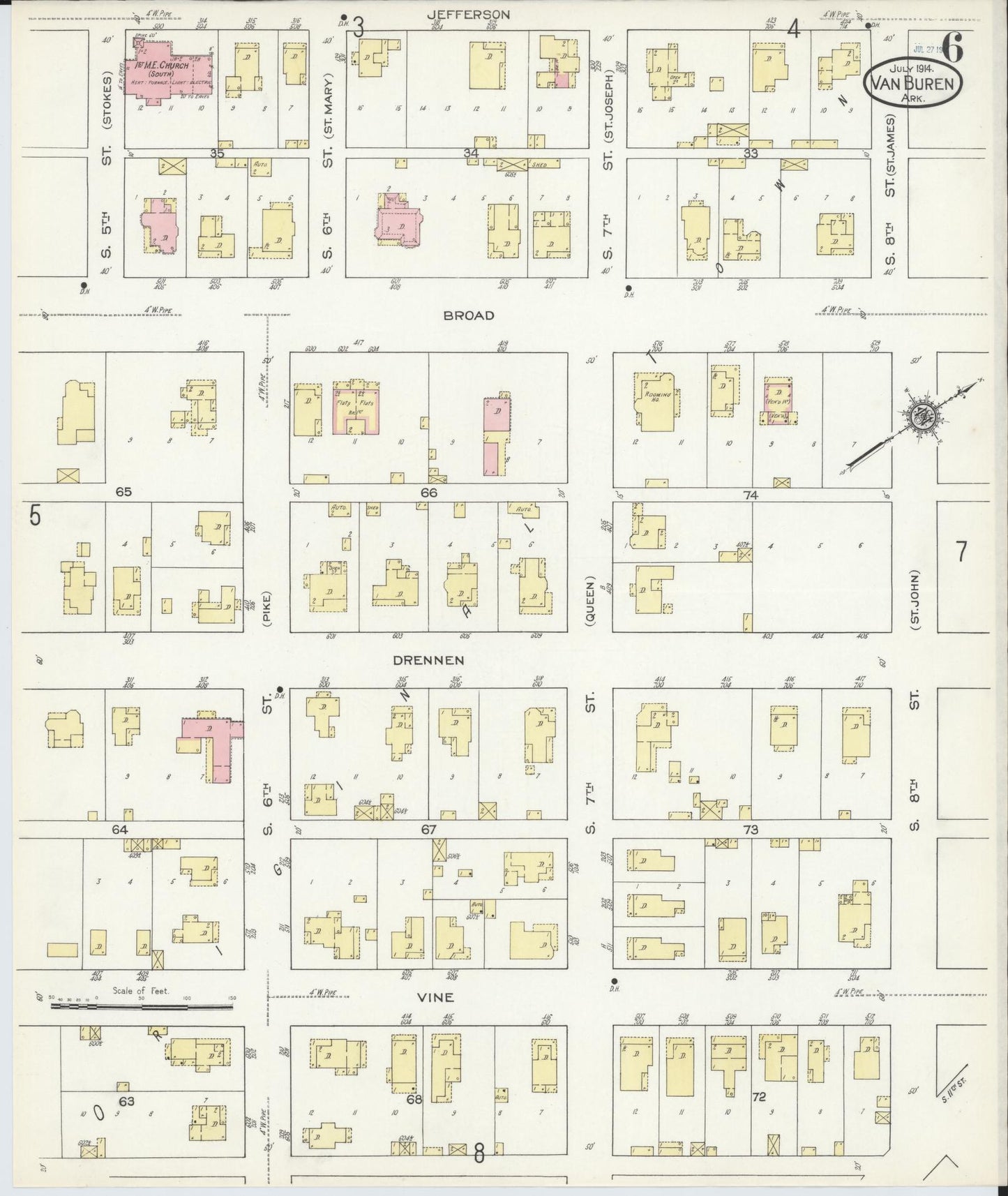 Sanborn Fire Insurance Map from Van Buren, Crawford County, Arkansas (1914), Sheet #0006 - Historic Sanborn Fire Insurance Map Print, vintage old map wall art, antique decor, genealogy gift, Arkansas Arkansas map