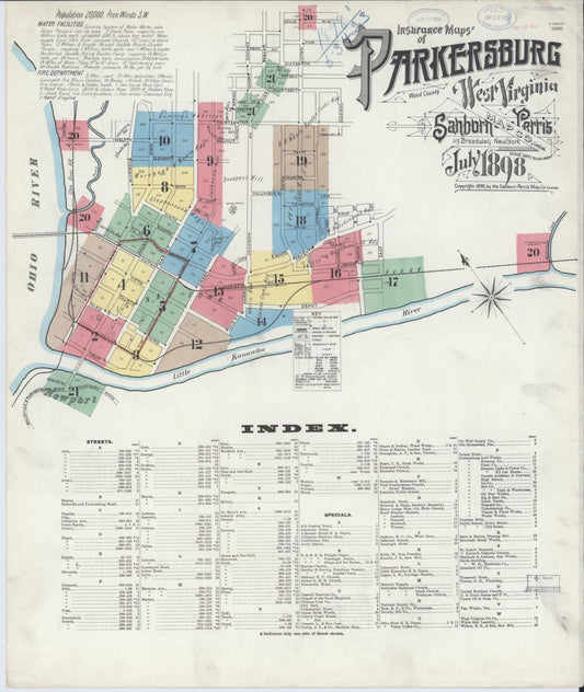 Sanborn Fire Insurance Map from Parkersburg, Wood County, West Virginia (1898), Sheet #0001 - Historic Sanborn Fire Insurance Map Print, vintage old map wall art, antique decor, genealogy gift, West Virginia West Virginia map