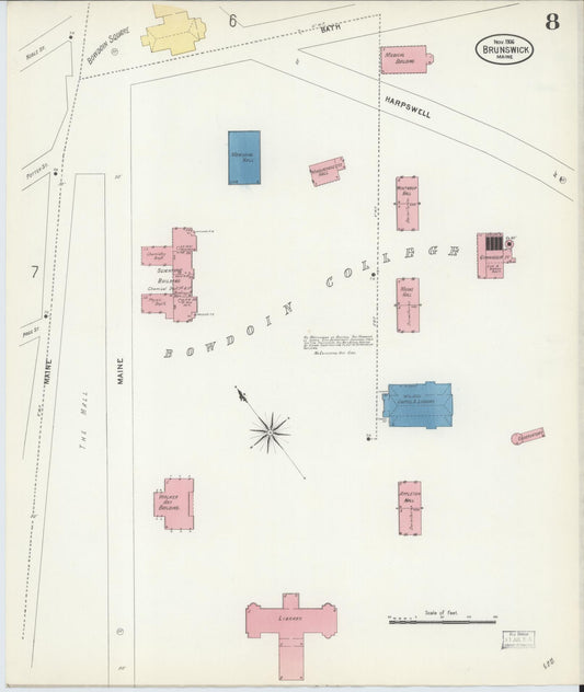 Sanborn Fire Insurance Map from Brunswick, Cumberland County, Maine (1906), Sheet #0008 - Historic Sanborn Fire Insurance Map Print, vintage old map wall art, antique decor, genealogy gift, Maine Maine map