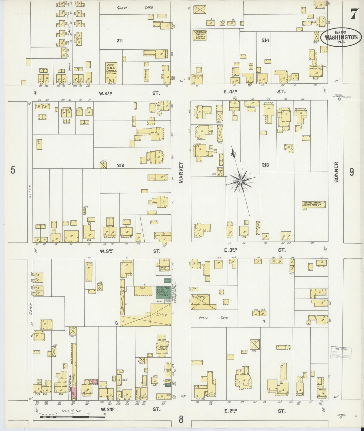 Sanborn Fire Insurance Map from Washington, Beaufort County, North Carolina (1901), Sheet #0007 - Complete Map Set gallery image, historic Sanborn map, vintage wall art, Washington Washington
