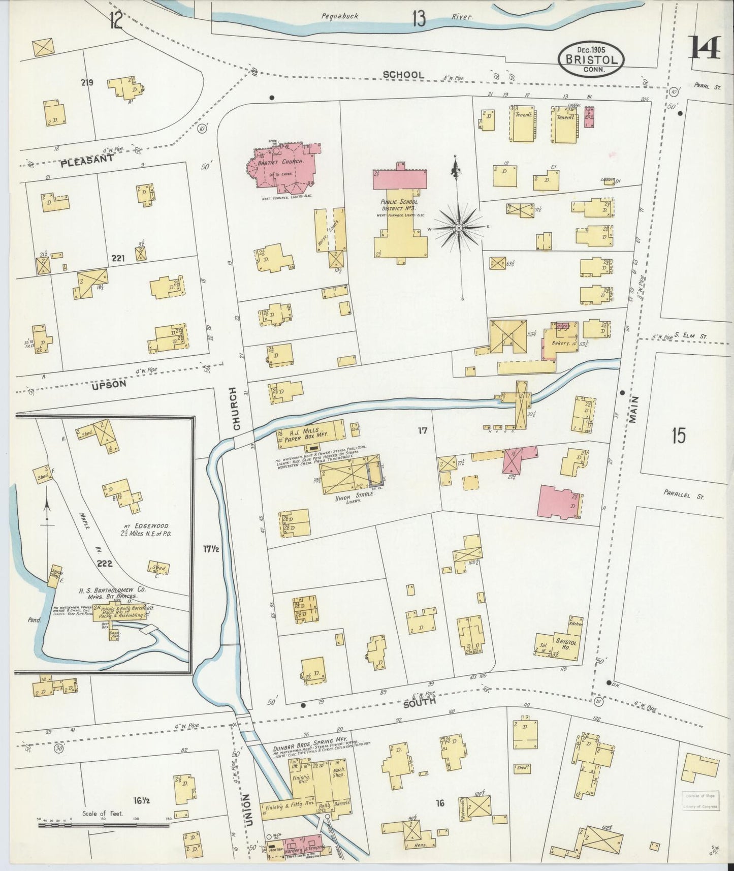 Sanborn Fire Insurance Map from Bristol, Hartford County, Connecticut (1905), Sheet #0014 - Complete Map Set gallery image, historic Sanborn map, vintage wall art, Connecticut Connecticut