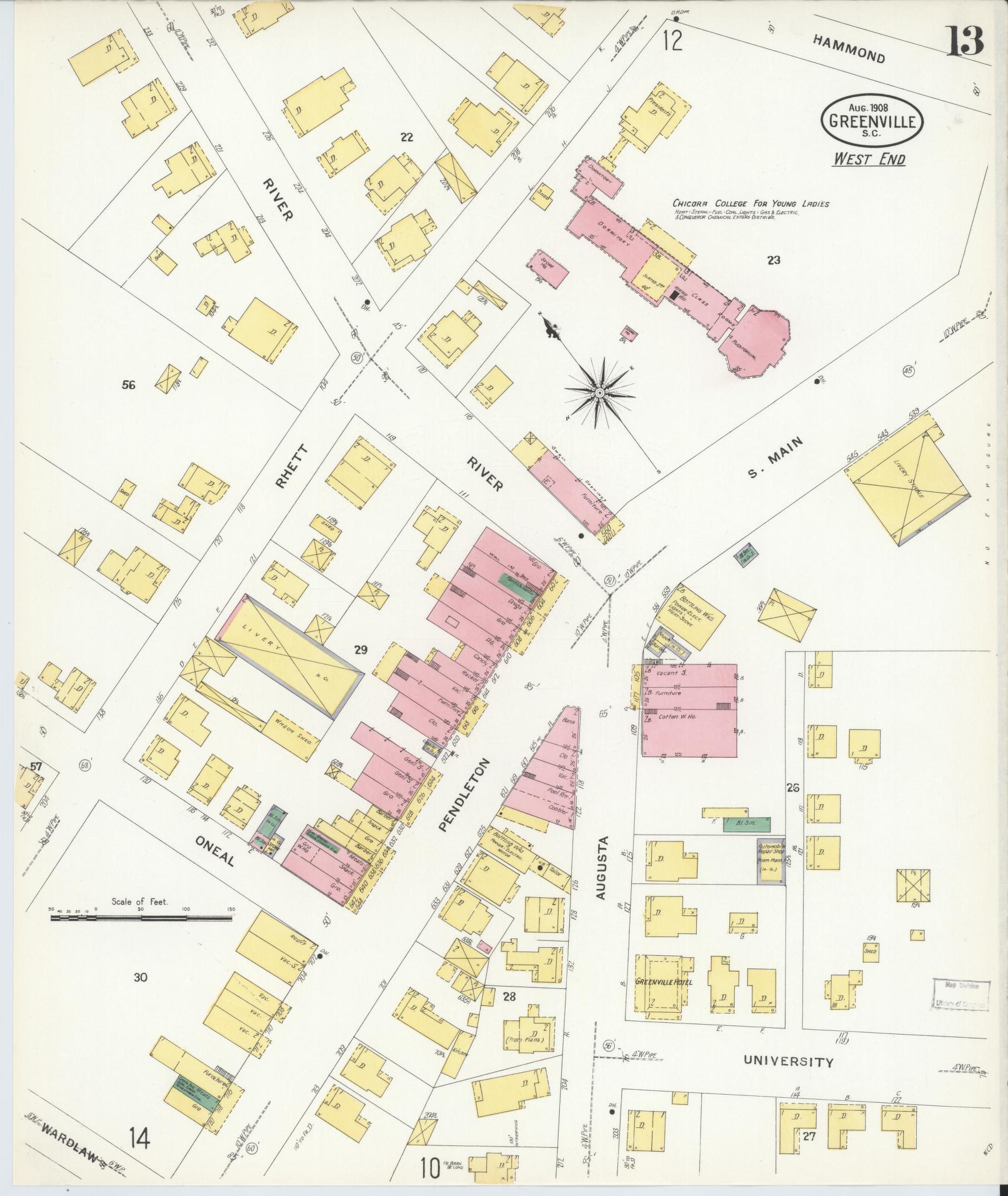 Sanborn Fire Insurance Map from Greenville, Greenville County, South Carolina (1908), Sheet #0013 - Complete Map Set gallery image, historic Sanborn map, vintage wall art, South Carolina South Carolina