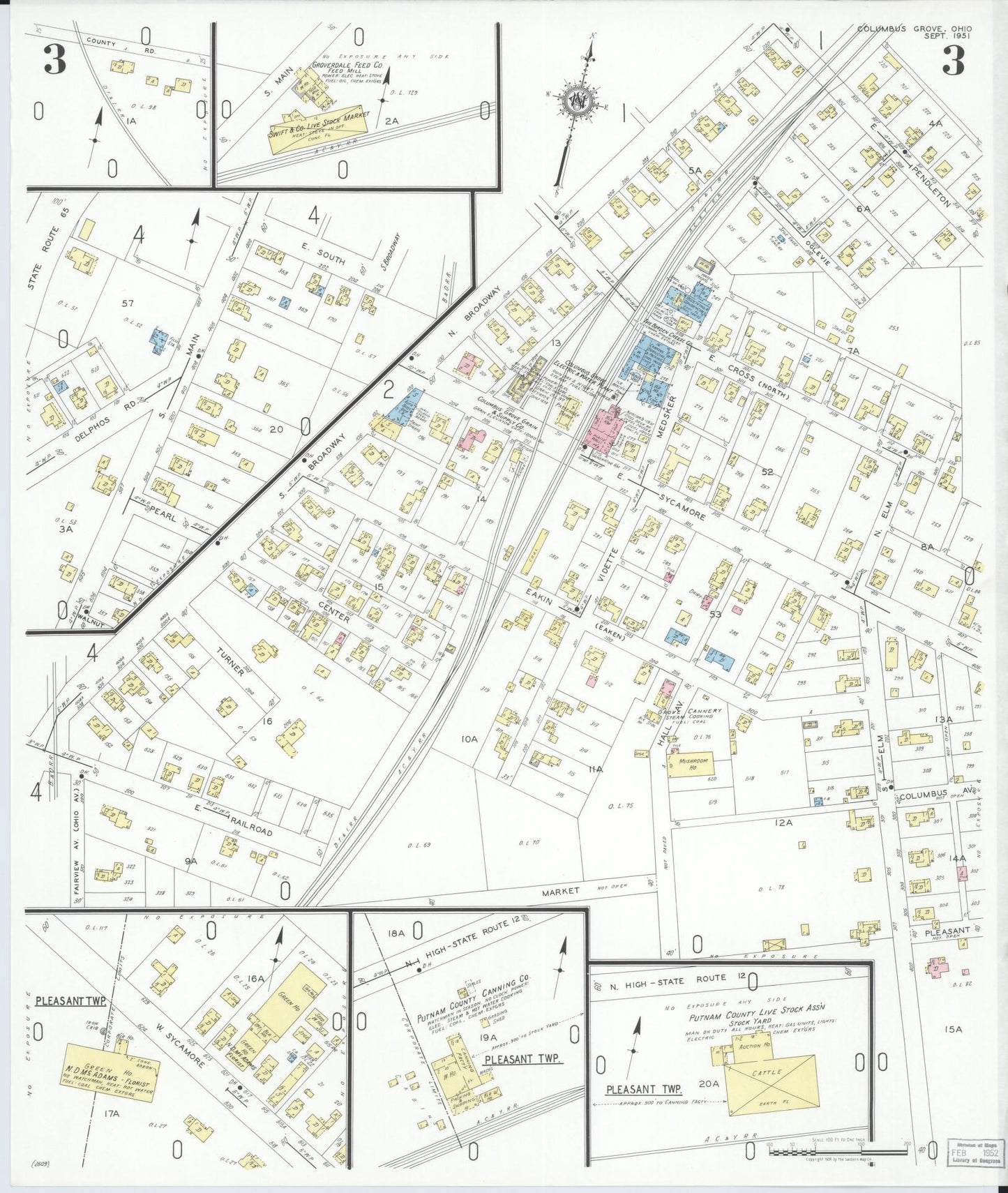 Sanborn Fire Insurance Map from Columbus Grove, Putnam County, Ohio (1951), Sheet #0003 - Historic Sanborn Fire Insurance Map Print, vintage old map wall art, antique decor, genealogy gift, Ohio Ohio map