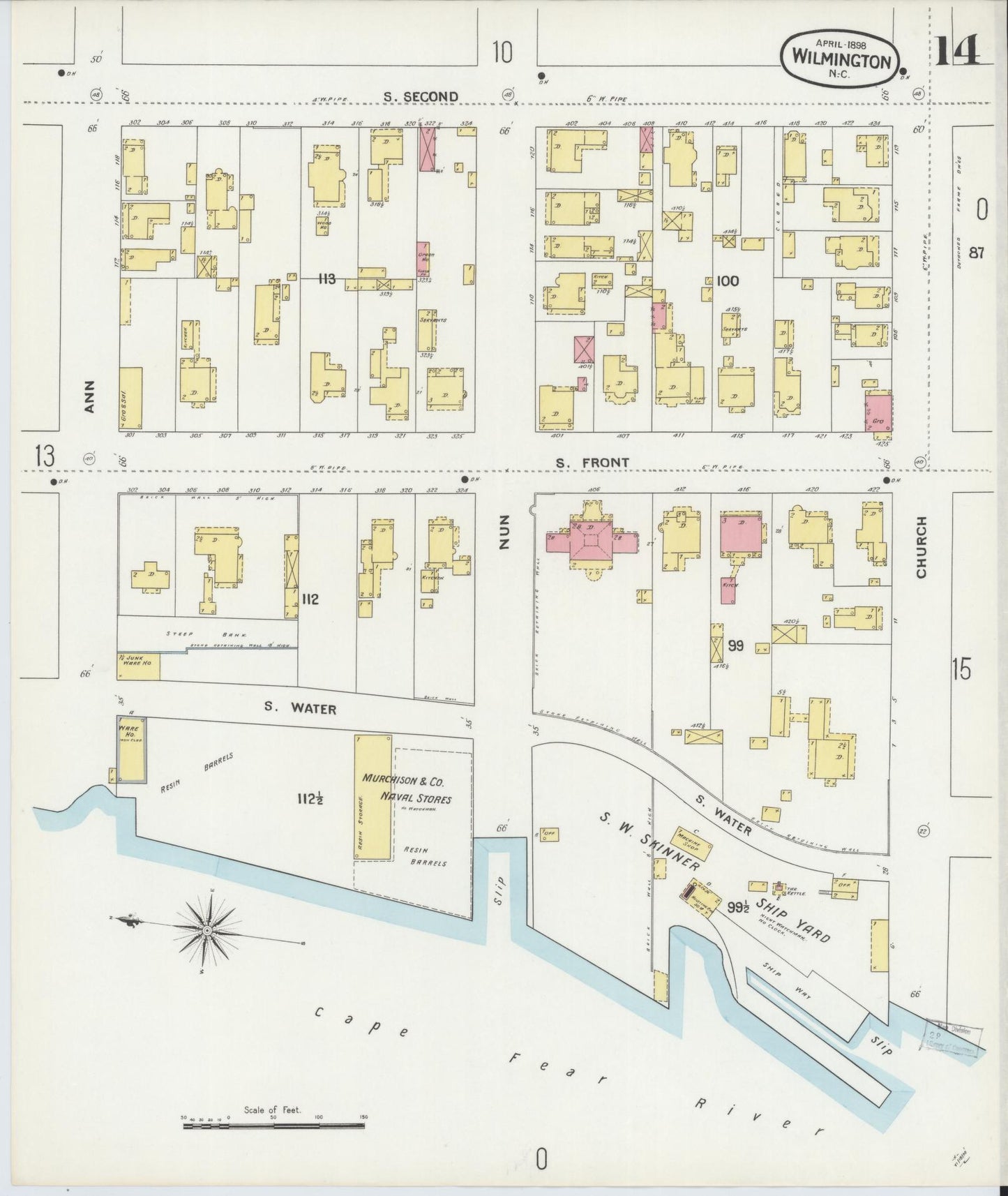 Sanborn Fire Insurance Map from Wilmington, New Hanover County, North Carolina (1898), Sheet #0014 - Historic Sanborn Fire Insurance Map Print, vintage old map wall art, antique decor, genealogy gift, North Carolina North Carolina map