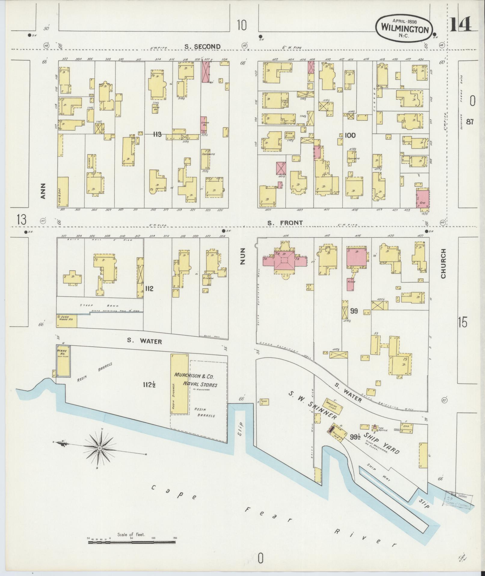 Sanborn Fire Insurance Map from Wilmington, New Hanover County, North Carolina (1898), Sheet #0014 - Historic Sanborn Fire Insurance Map Print, vintage old map wall art, antique decor, genealogy gift, North Carolina North Carolina map