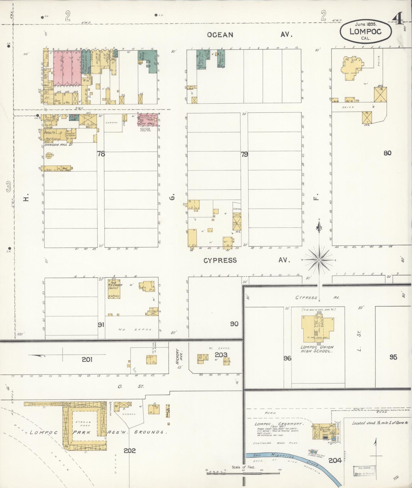 Sanborn Fire Insurance Map from Lompoc, Santa Barbara County, California (1895), Sheet #0004 - Historic Sanborn Fire Insurance Map Print, vintage old map wall art, antique decor, genealogy gift, California California map