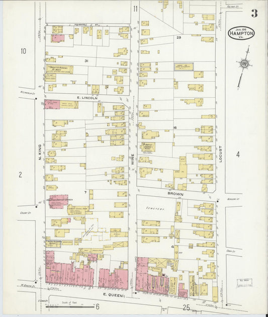 Sanborn Fire Insurance Map from Hampton, Independent Cities, Virginia (1916), Sheet #0003 - Historic Sanborn Fire Insurance Map Print, vintage old map wall art, antique decor, genealogy gift, Virginia Virginia map