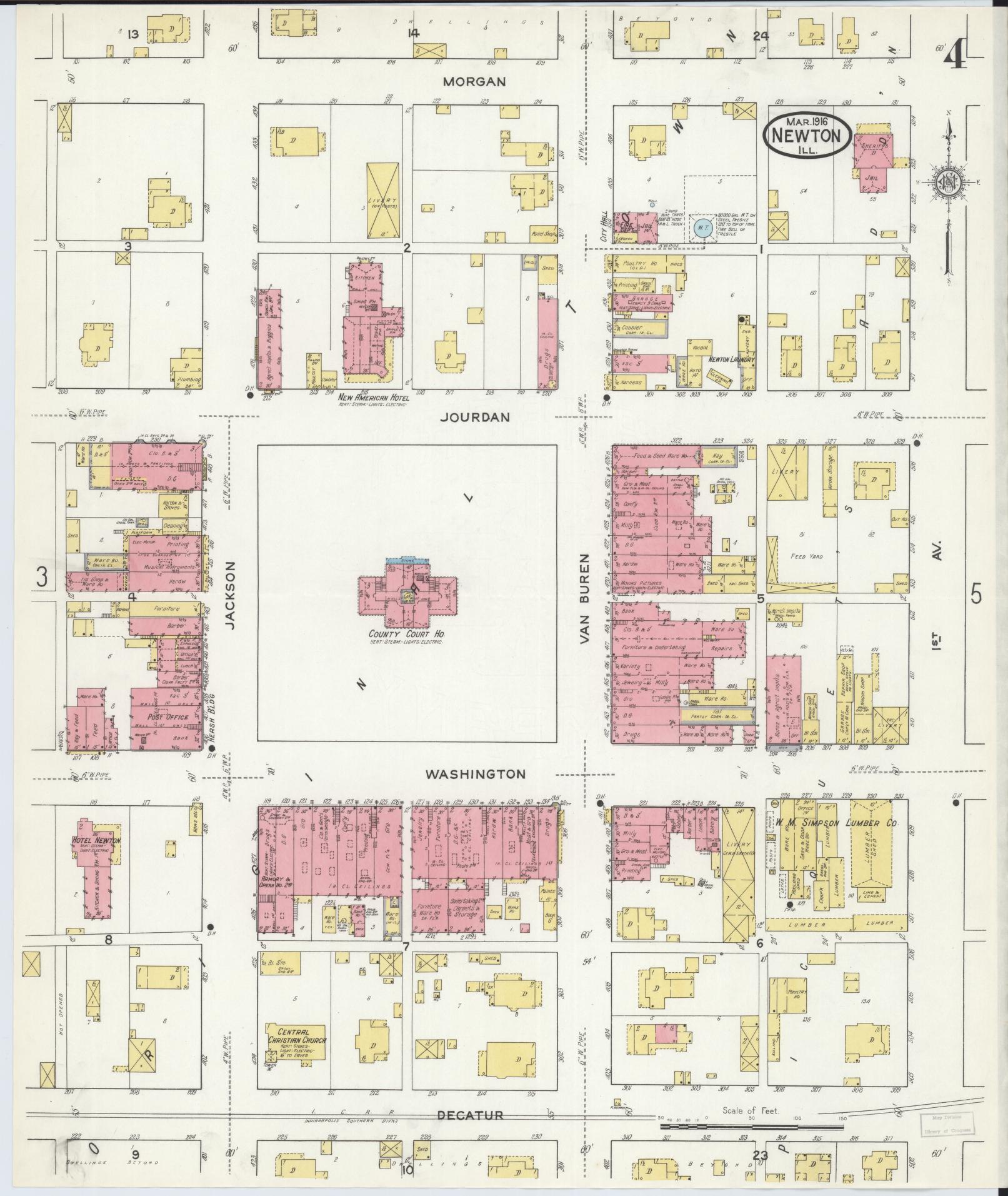 Sanborn Fire Insurance Map from Newton, Jasper County, Illinois (1916), Sheet #0004 - Complete Map Set gallery image, historic Sanborn map, vintage wall art, Illinois Illinois