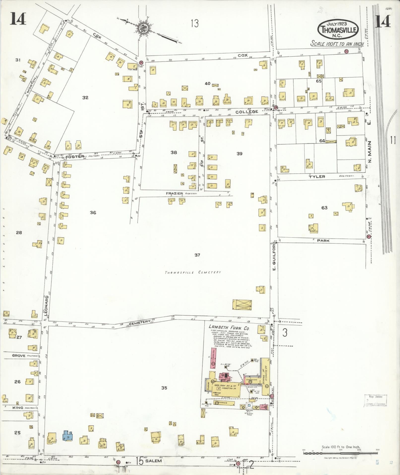 Sanborn Fire Insurance Map from Thomasville, Davidson County, North Carolina (1923), Sheet #0014 - Complete Map Set gallery image, historic Sanborn map, vintage wall art, North Carolina North Carolina