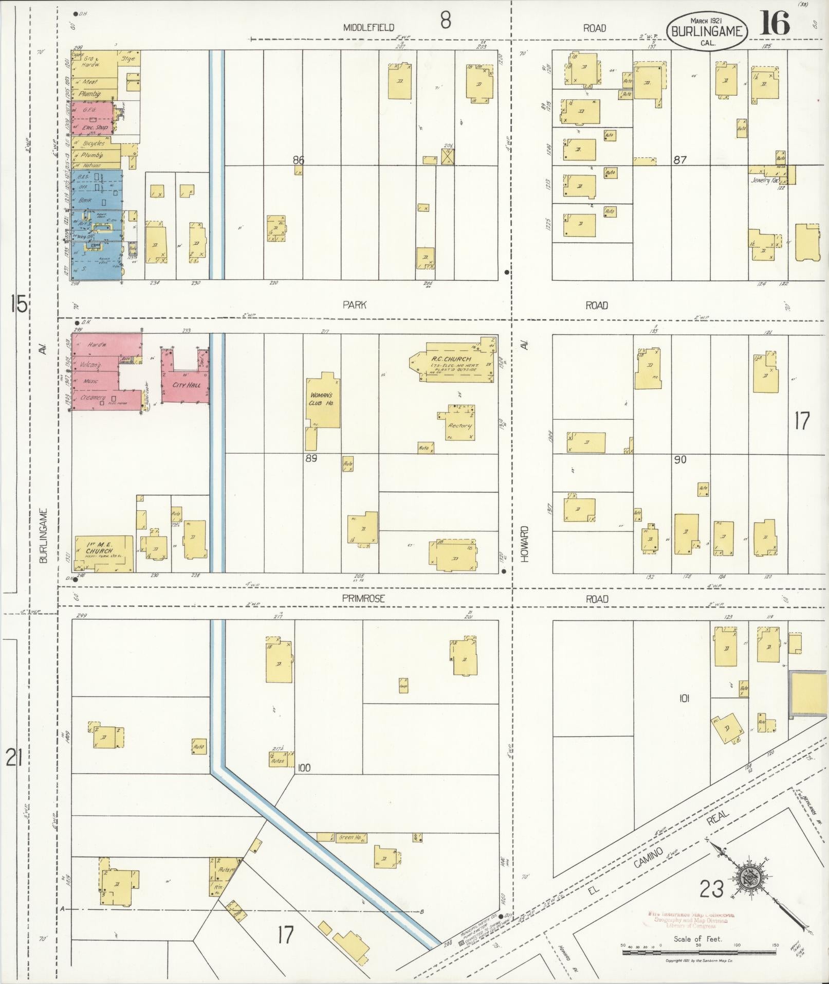 Sanborn Fire Insurance Map from Burlingame, San Mateo County, California (1921), Sheet #0016 - Complete Map Set gallery image, historic Sanborn map, vintage wall art, California California