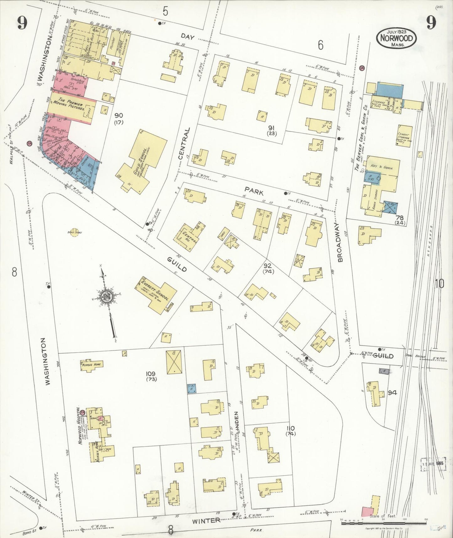 Sanborn Fire Insurance Map from Norwood, Norfolk County, Massachusetts (1923), Sheet #0009 - Complete Map Set gallery image, historic Sanborn map, vintage wall art, Massachusetts Massachusetts
