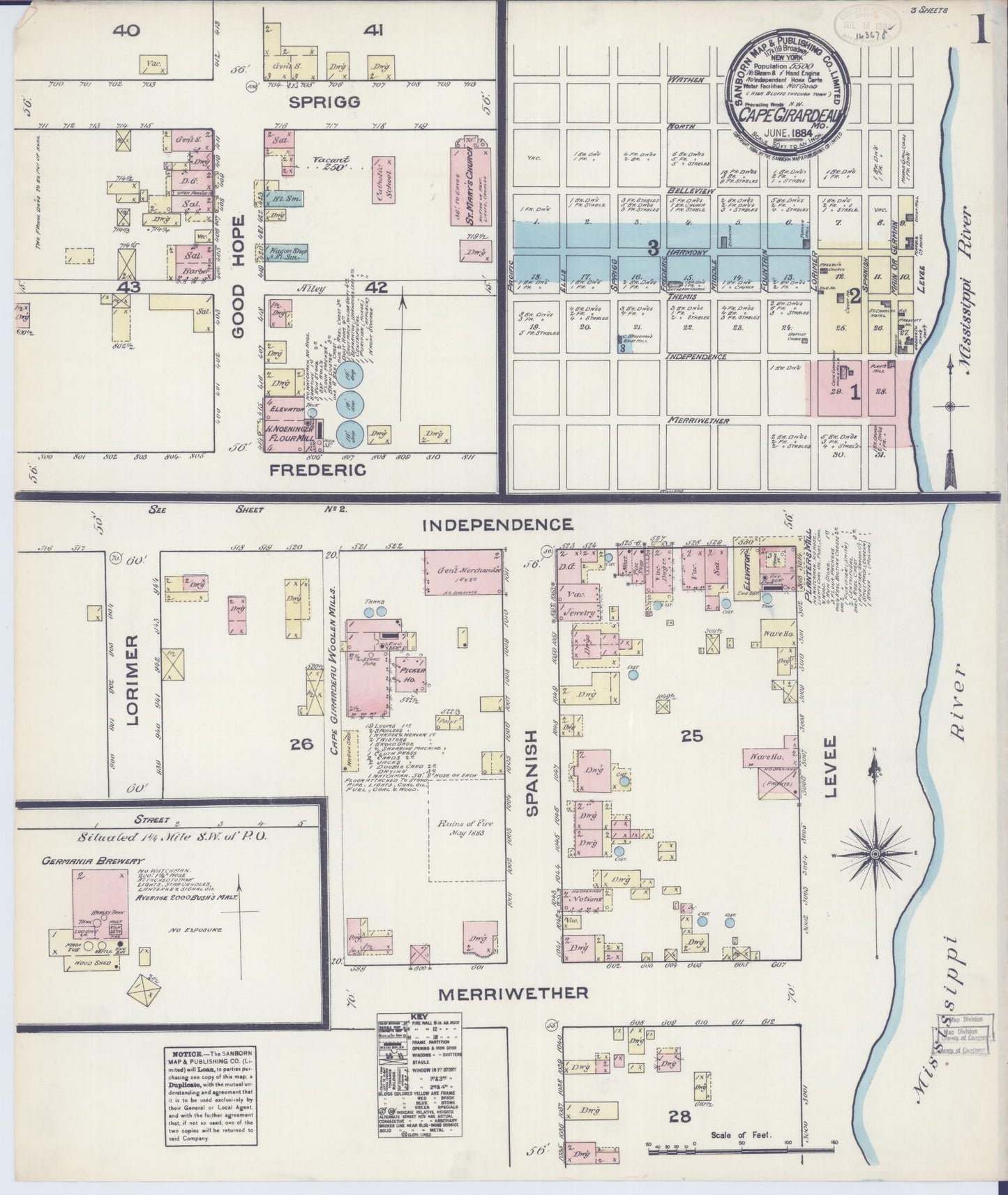 Sanborn Fire Insurance Map from Cape Girardeau, Cape Girardeau County, Missouri (1884), Sheet #0001 - Complete Map Set gallery image, historic Sanborn map, vintage wall art, Missouri Missouri