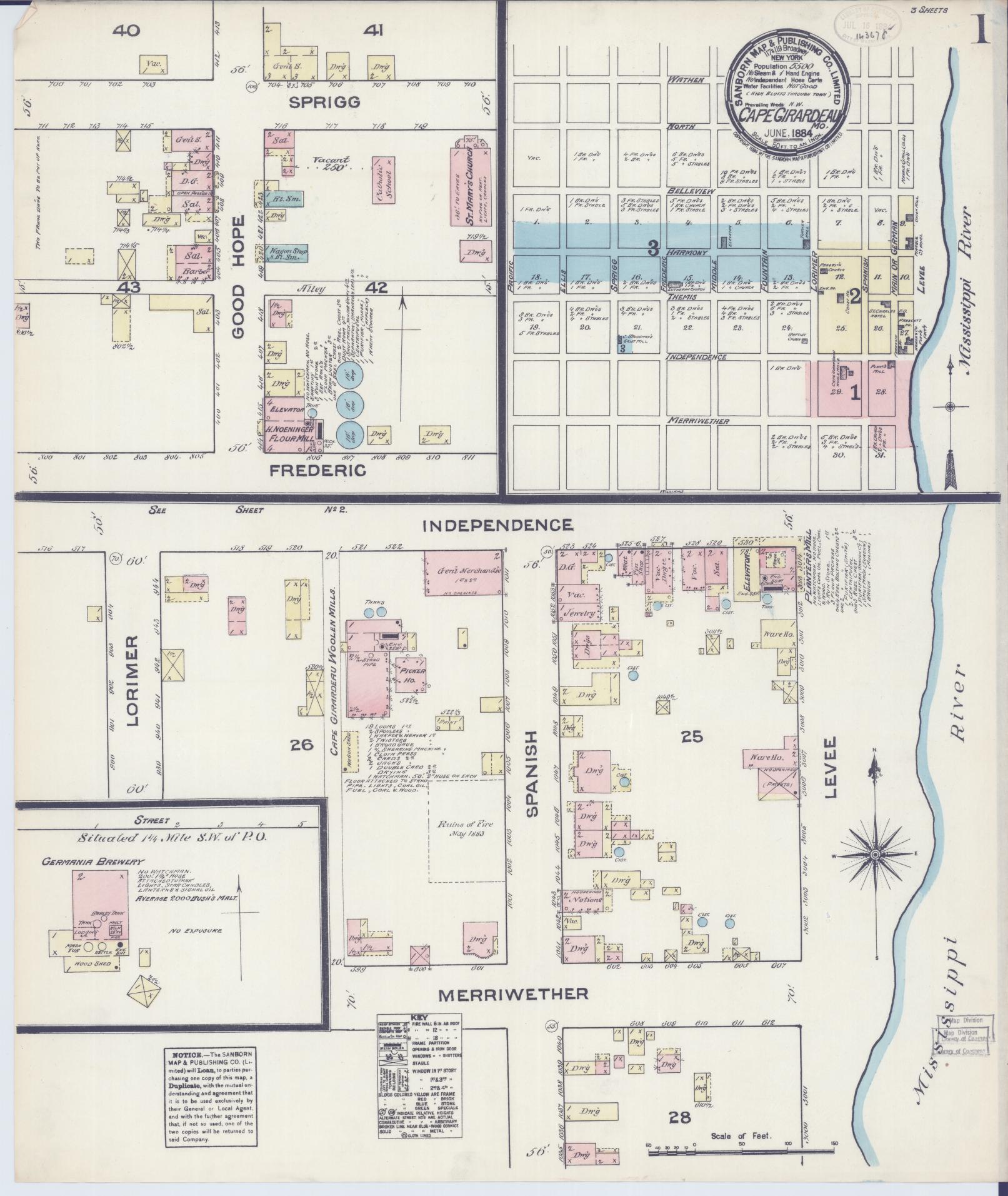 Sanborn Fire Insurance Map from Cape Girardeau, Cape Girardeau County, Missouri (1884), Sheet #0001 - Complete Map Set gallery image, historic Sanborn map, vintage wall art, Missouri Missouri