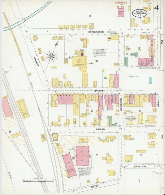 Sanborn Fire Insurance Map from Newberry, Newberry County, South Carolina (1905), Sheet #0004 - Historic Sanborn Fire Insurance Map Print, vintage old map wall art, antique decor, genealogy gift, South Carolina South Carolina map