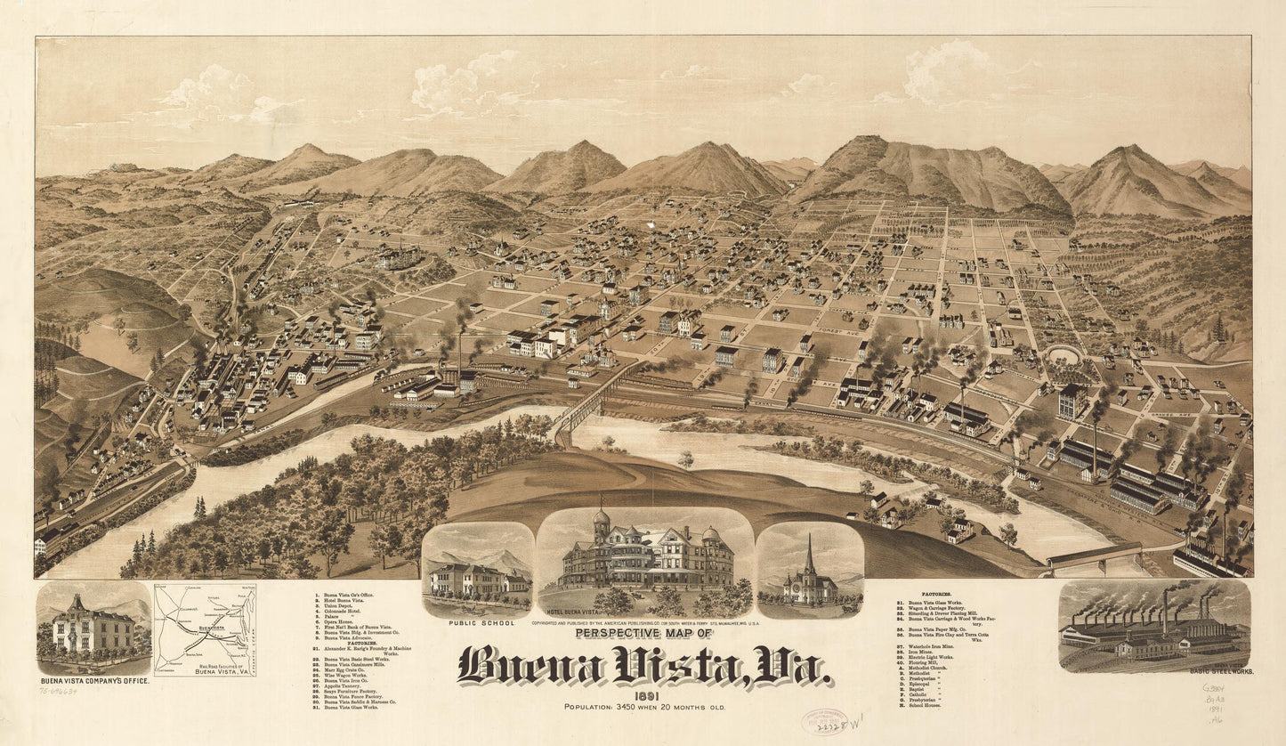 Perspective map of Buena Vista, Va. 1891. (1891) – Historic Bird’s-Eye View Panorama Print