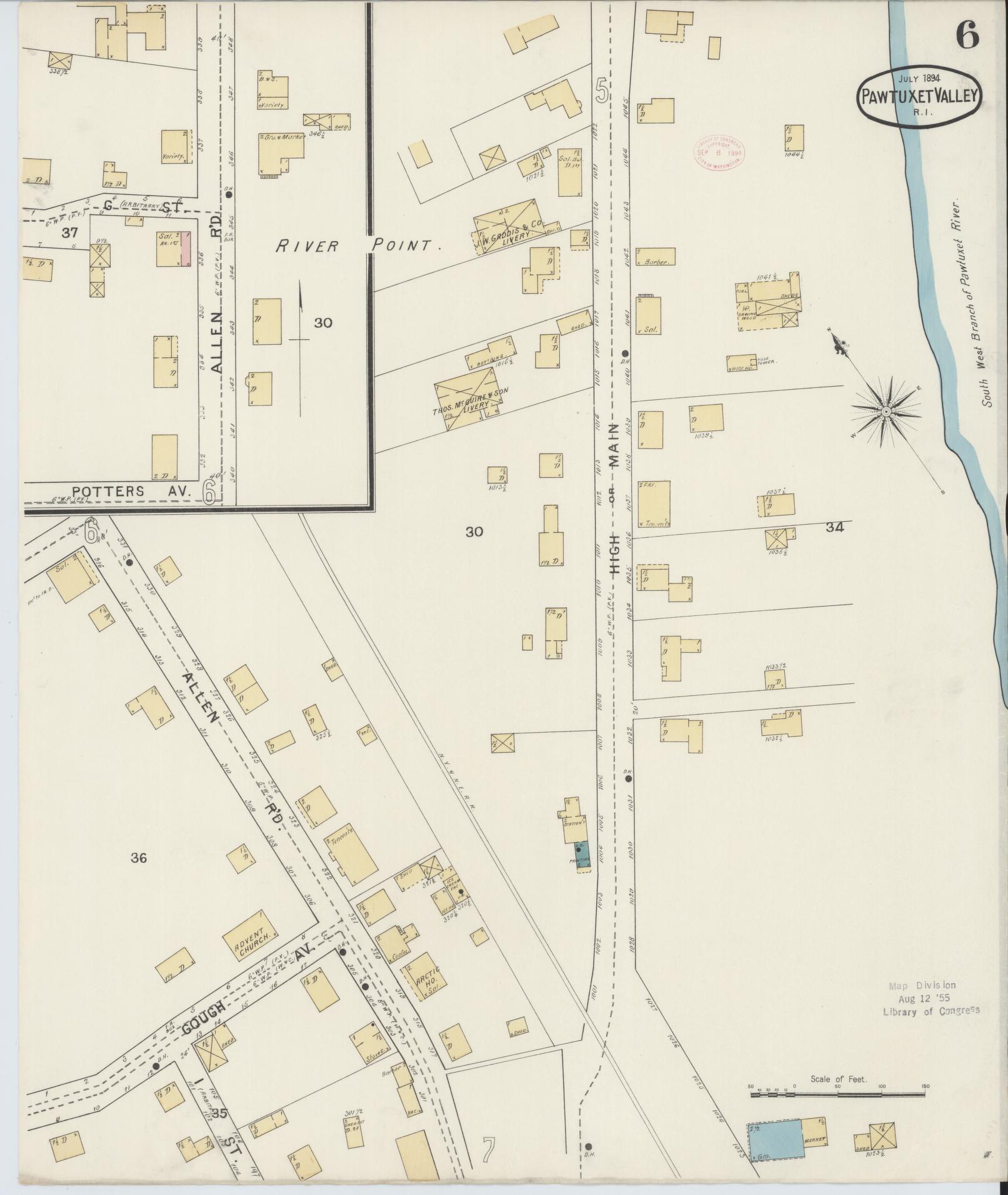 Sanborn Fire Insurance Map from Pawtuxet Valley, Kent and Providence Counties, Rhode Island (1894), Sheet #0006 - Historic Sanborn Fire Insurance Map Print, vintage old map wall art, antique decor, genealogy gift, Washington Washington map