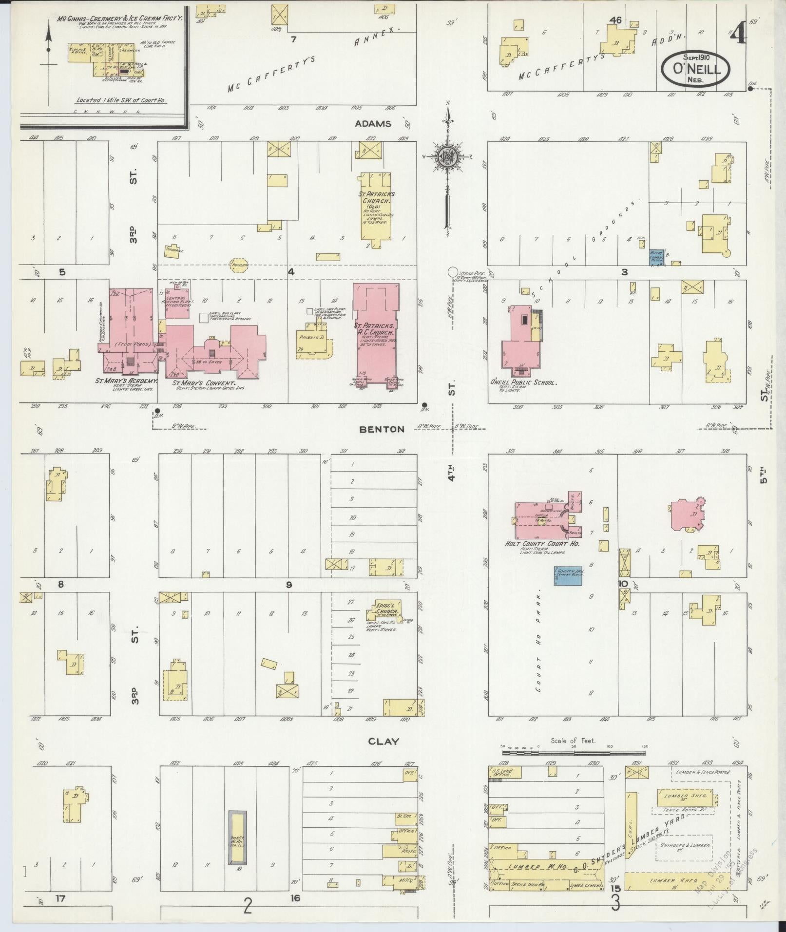 Sanborn Fire Insurance Map from O'Neill, Holt County, Nebraska (1910), Sheet #0004 - Historic Sanborn Fire Insurance Map Print, vintage old map wall art, antique decor, genealogy gift, Nebraska Nebraska map