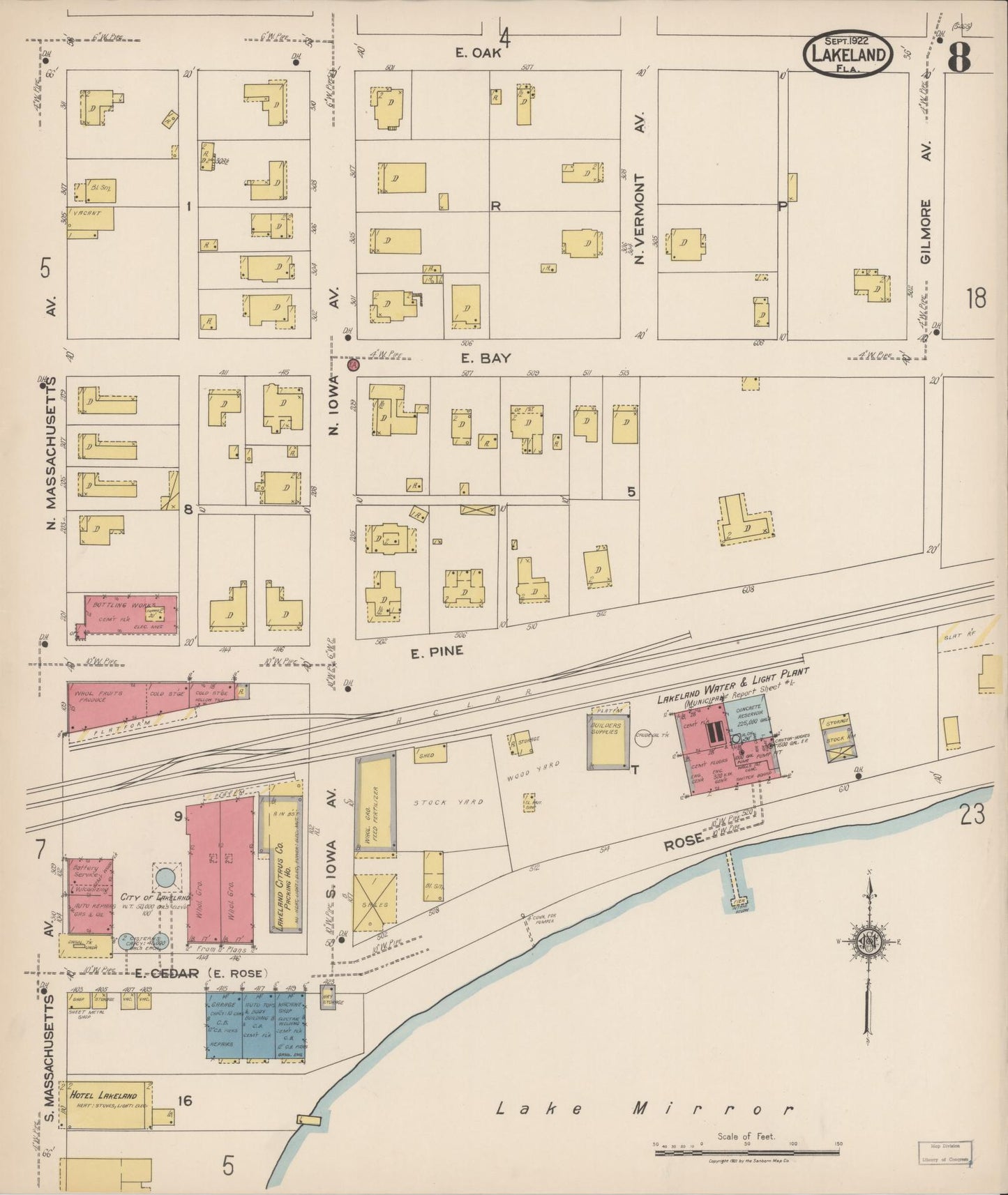 Sanborn Fire Insurance Map from Lakeland, Polk County, Florida (1922), Sheet #0008 - Historic Sanborn Fire Insurance Map Print, vintage old map wall art, antique decor, genealogy gift, Florida Florida map