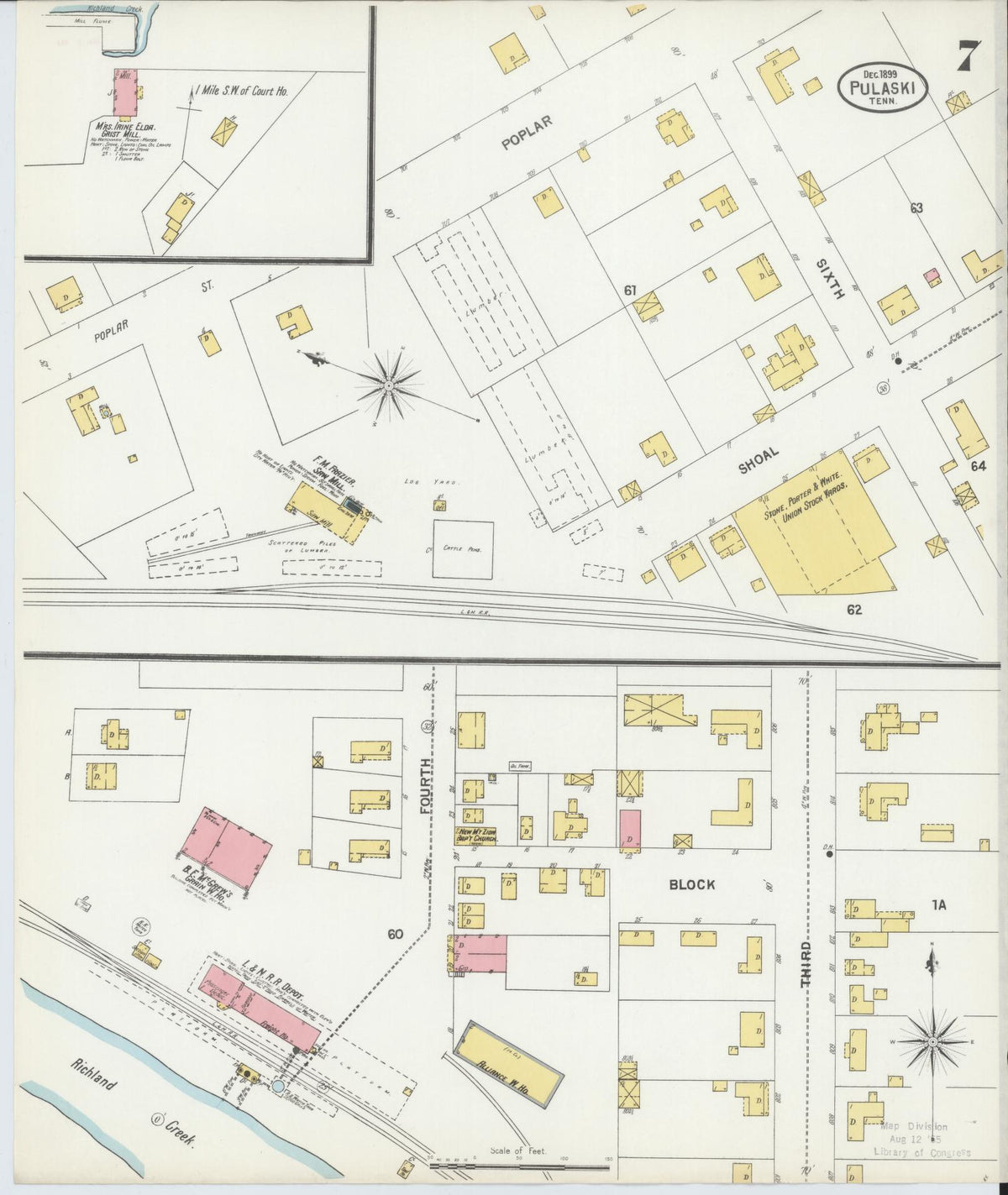 Sanborn Fire Insurance Map from Pulaski, Giles County, Tennessee (1899), Sheet #0007 - Complete Map Set gallery image, historic Sanborn map, vintage wall art, Tennessee Tennessee