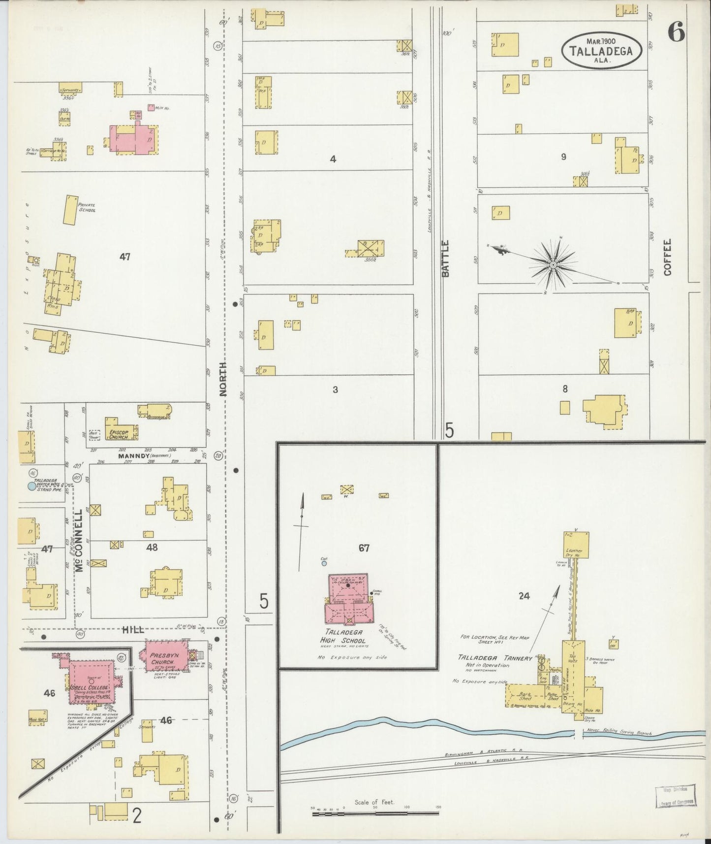Sanborn Fire Insurance Map from Talladega, Talladega County, Alabama (1900), Sheet #0006 - Complete Map Set gallery image, historic Sanborn map, vintage wall art, Alabama Alabama