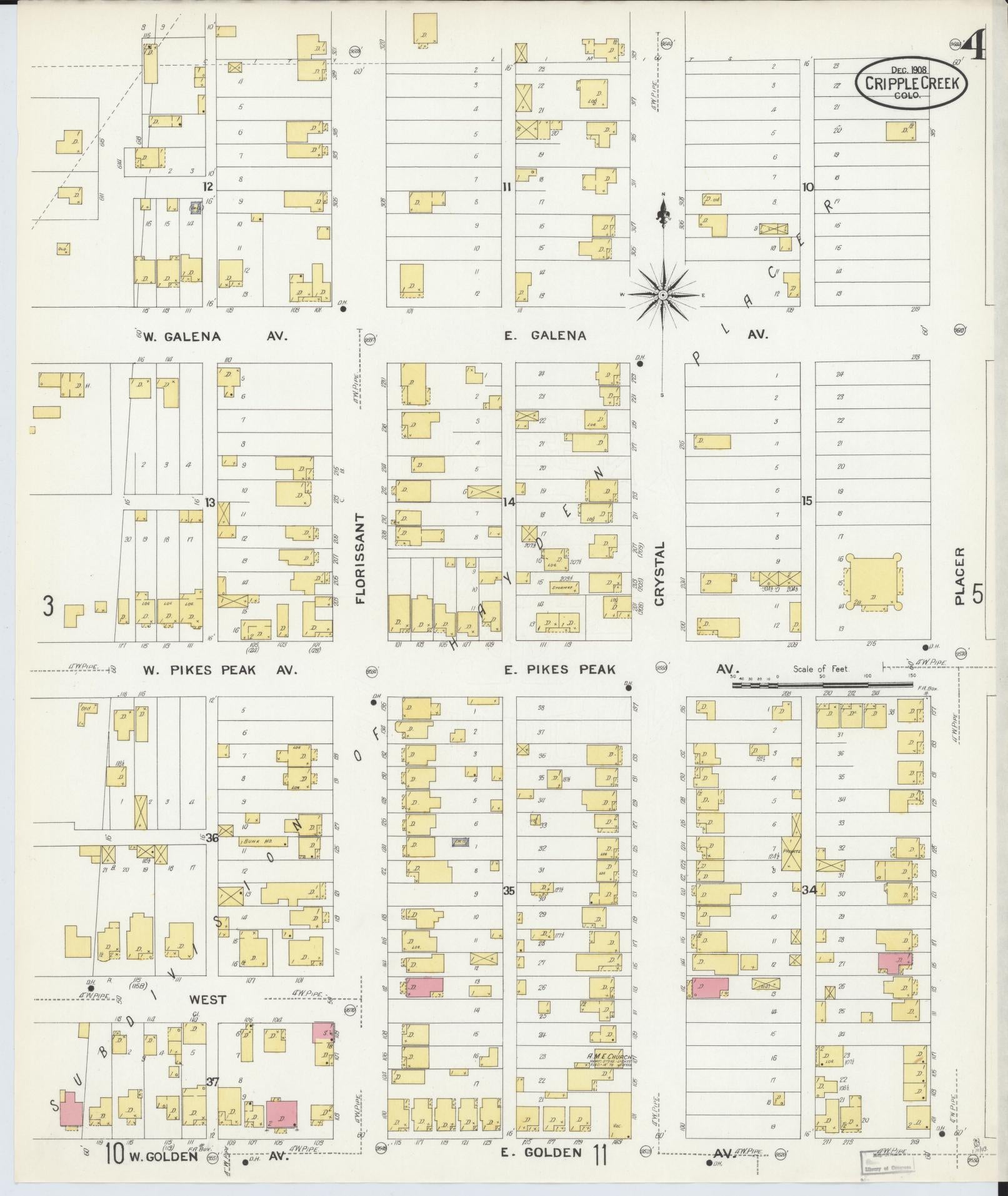 Sanborn Fire Insurance Map from Cripple Creek, Teller County, Colorado (1908), Sheet #0004 - Historic Sanborn Fire Insurance Map Print, vintage old map wall art, antique decor, genealogy gift, Colorado Colorado map